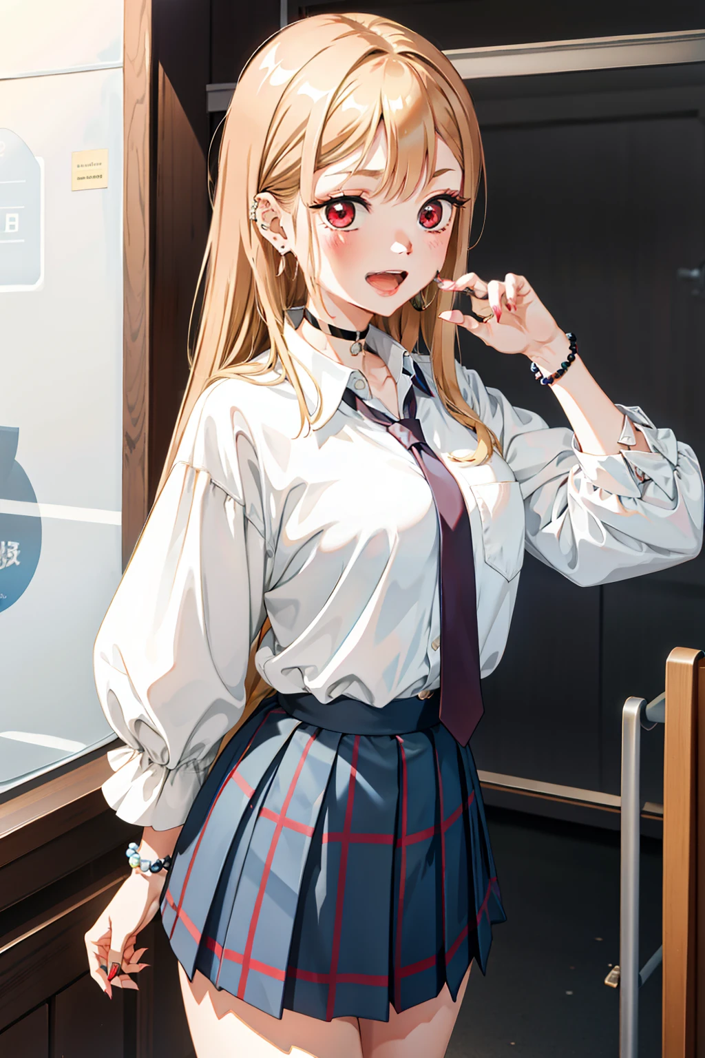 1girl,  Marin Kitagawa, long hair, blonde hair, red eyes, piercing, earrings, ear piercing, stud earrings, black choker, loose necktie,  school uniform, white collared shirt, (blue skirt:1.1), pleated skirt, plaid skirt, bead bracelet, wrist scrunchie, long fingernails, open mouth, smile, black socks, brown footwear,, (masterpiece:1.2), highres, best quality, 8k, very clear,