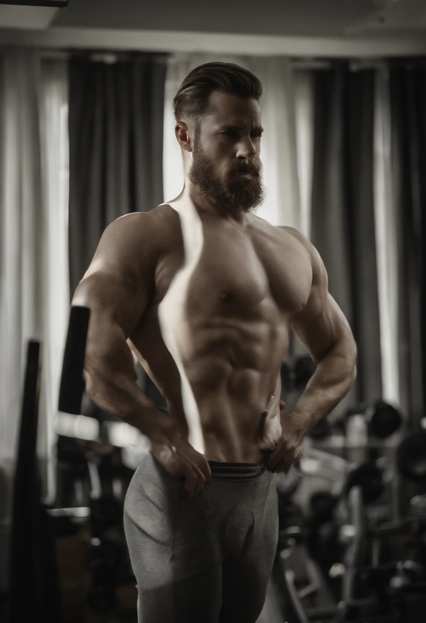 a man in front of a mirror, flexing his buttocks, detailed muscles, toned physique, muscular man, handsome face, intense gaze, confident expression, mirror reflection, private parts, mirror reflection of private parts, NSFW, artistic nudity, sensual lighting, high-res quality, realistic rendering, studio lighting, toned colors