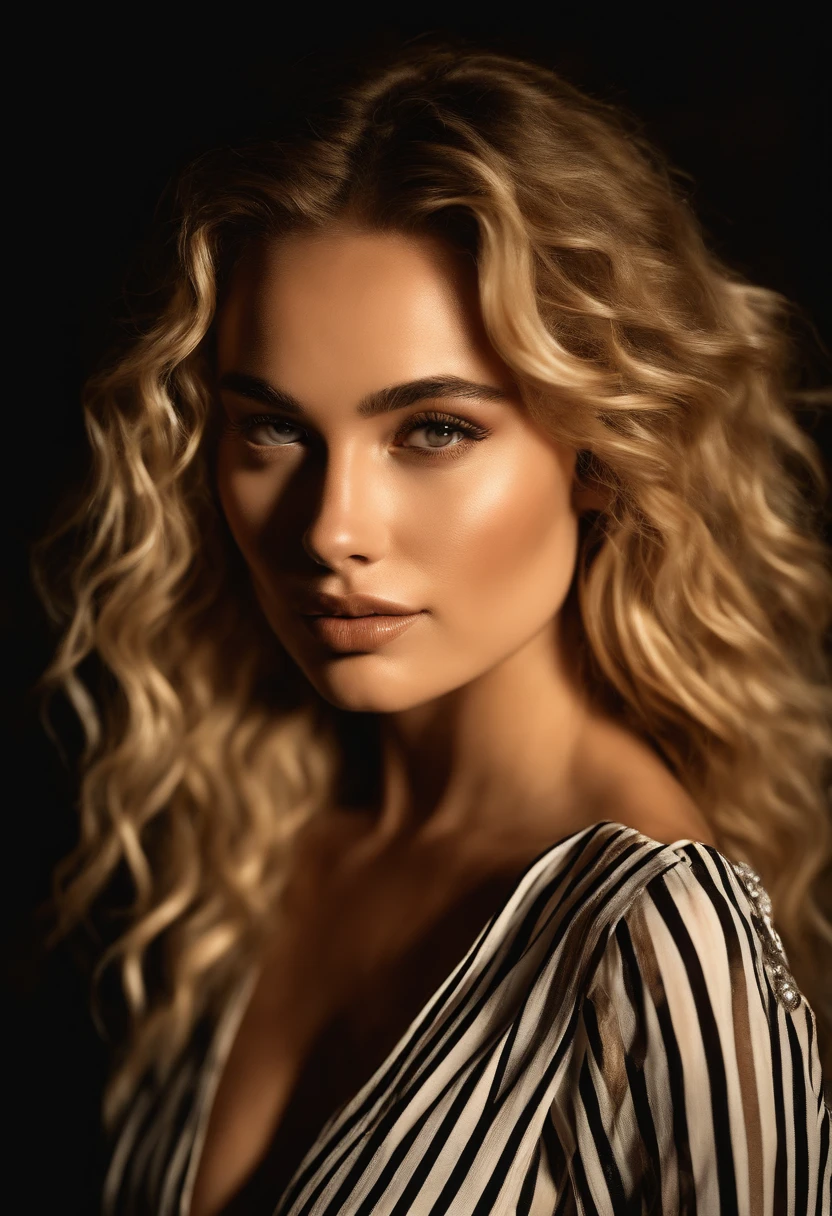 A beautiful woman wearing plunging high detail sexy striped dress, (erotic face:Florence Pugh:0.2), (skin texture:1.1), (skin pores:1.2), (high detail face), (very long curly blonde hair), masterpiece, best quality, ultra-detailed, analog style, shadows, contrast, Raw photo, by Ellen von Unwerth, Nikon D850, backlight, rimlighting (warm hue, warm tone:1.2), 4k ultra sharp realistic, big butt and boobs