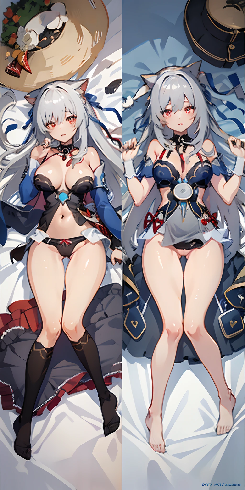 dakimakura, two sides, from back, 1girl, jingliu, perfect skin, detailed fingers, better hands, long hair, blue sliver hair, sexy lingerie, large breasts, detailed breasts, detailed body, perfect legs, red and black coach