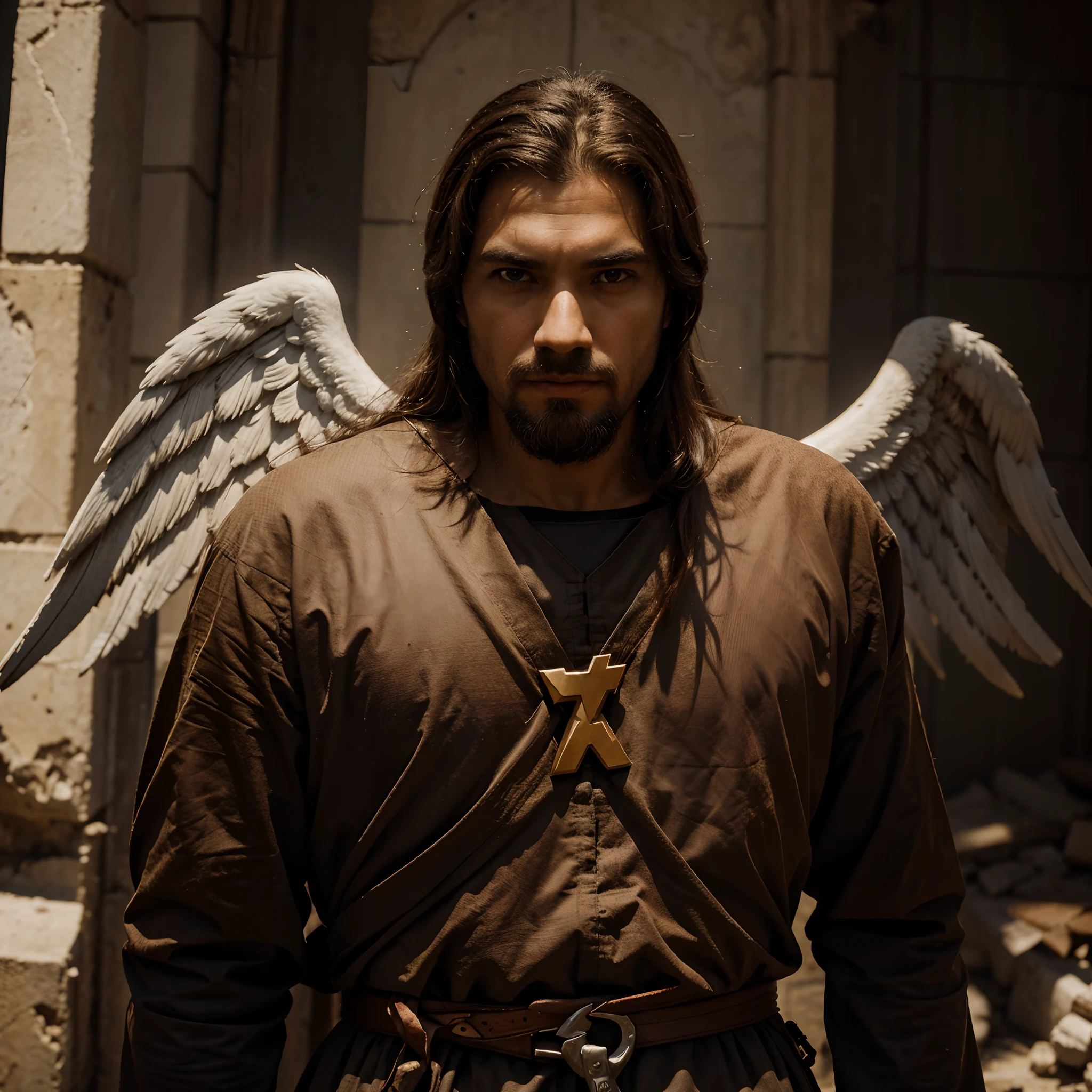 Um homem, He is an apostle of Christ, guerreiro raiz, antigo, por tras dele um mover espiritual, Several angels is for him, um ceu com cavalos com asas, forza, honra, , Lightning and thunder, detalhista, 4k, hdr, shot studio