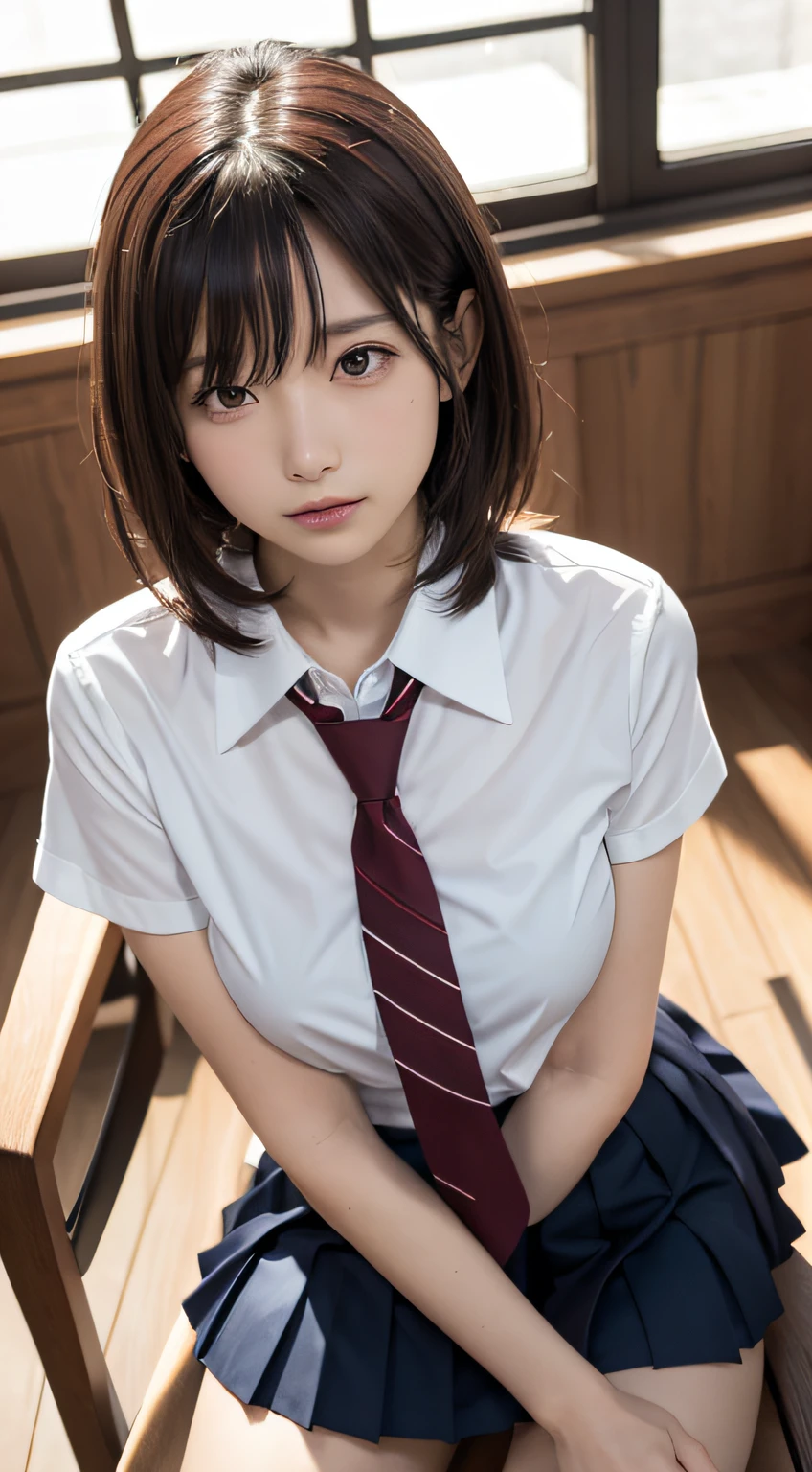 (masutepiece, Best Quality:1.2), 8K, 18year old, 85 mm, Official art, Raw photo, absurderes, White dress shirts, Pretty Face, close up, Upper body, violaceaess, gardeniass, Beautiful Girl, School uniform, Cardigan、 (Navy pleated skirt:1.1), Cinch West, thighs thighs thighs thighs, Short sleeve, Hair over one eye、‎Classroom、sit a chair、low angle shot, Looking at Viewer, No makeup, (Smile:0.6), Film grain, chromatic abberation, Sharp Focus, face lights, clear lighting, Teen, Detailed face, Bokeh background, (dark red necktie:1.1)、medium breasts⁩