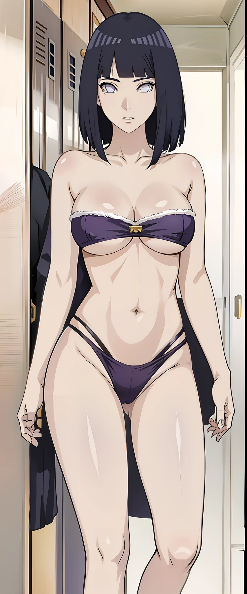 White eyes, dark purple hair, slim legs, cleavage, slim waist, narrow waist, beach, happy, navel, slender body, agers, areola, full body, Christmas