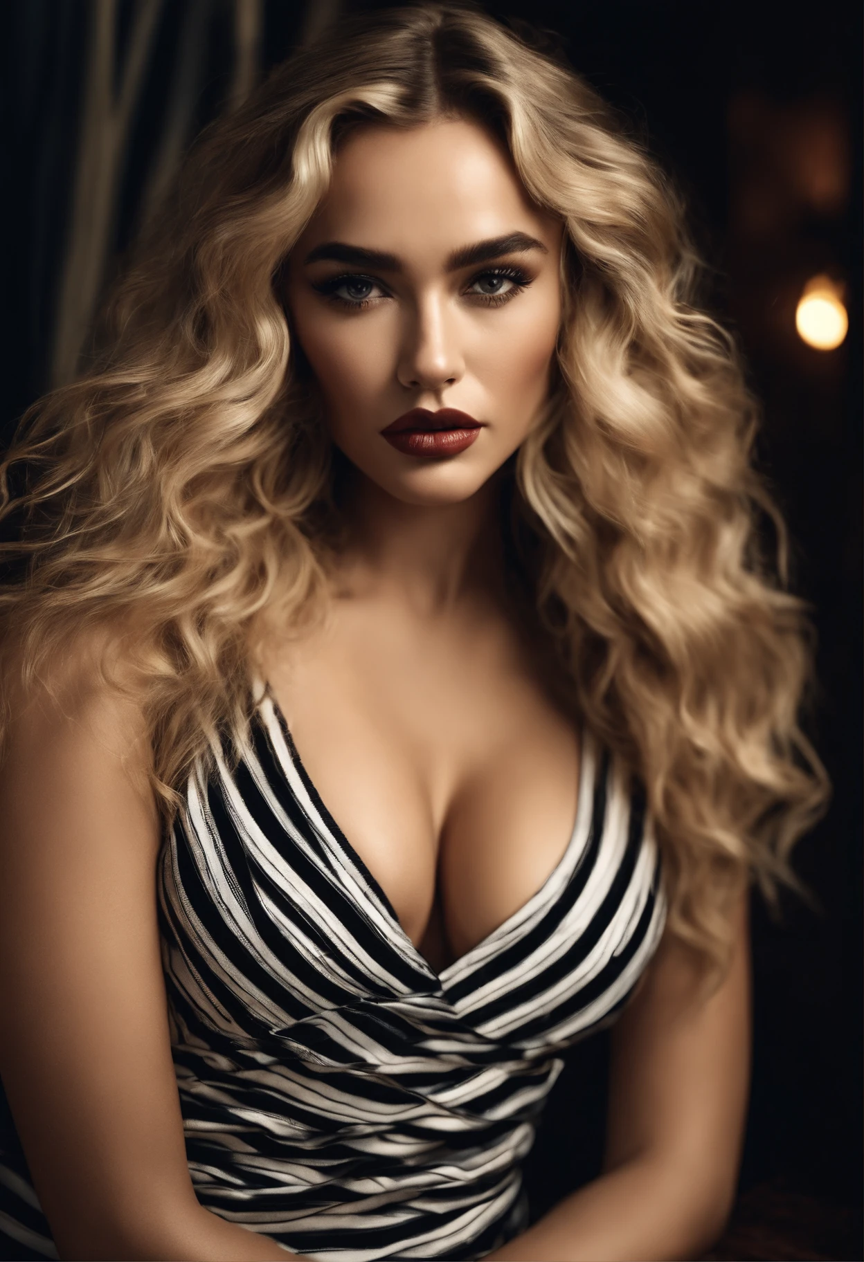 A beautiful woman wearing plunging high detail sexy striped dress, (erotic face:Florence Pugh:0.2), (skin texture:1.1), (skin pores:1.2), (high detail face), (very long curly blonde hair), masterpiece, best quality, ultra-detailed, analog style, shadows, contrast, Raw photo, by Ellen von Unwerth, Nikon D850, backlight, rimlighting (warm hue, warm tone:1.2), 4k ultra sharp realistic, big butt and boobs