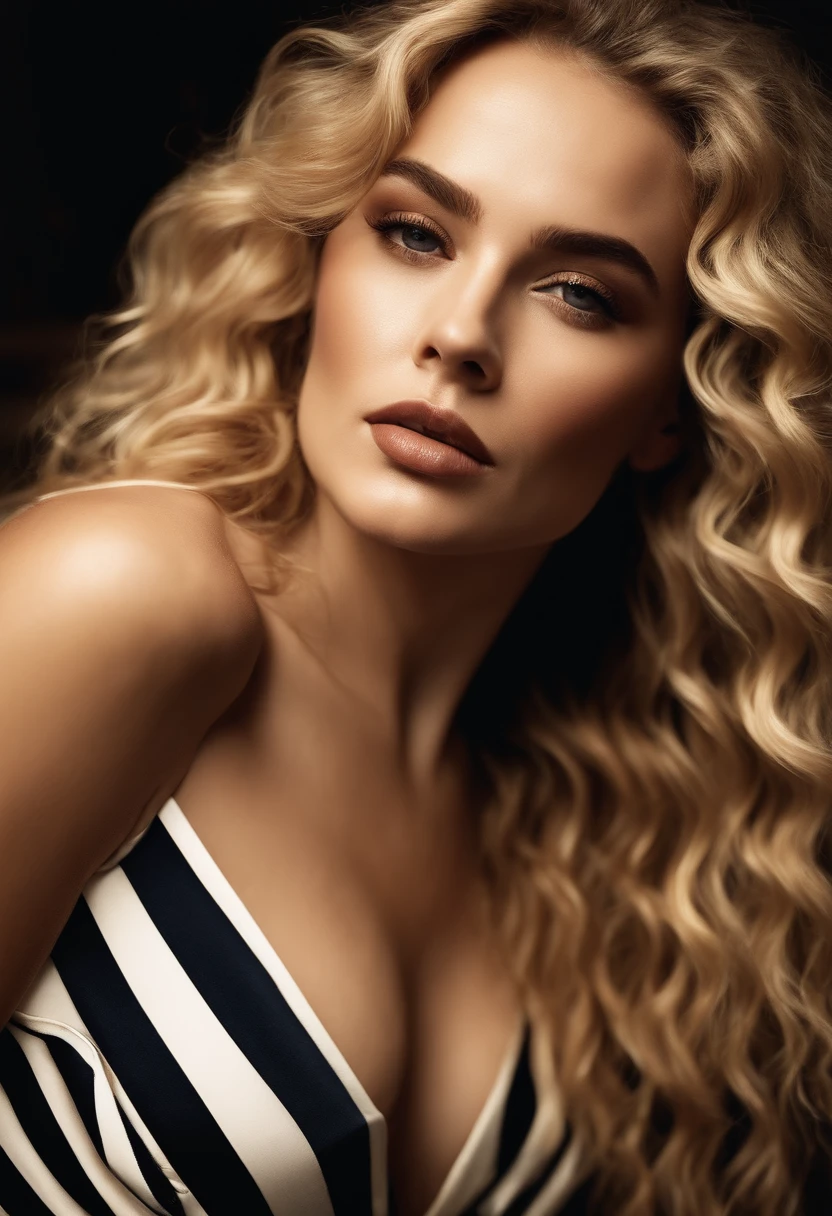 A beautiful woman wearing plunging high detail sexy striped dress, (erotic face:Florence Pugh:0.2), (skin texture:1.1), (skin pores:1.2), (high detail face), (very long curly blonde hair), masterpiece, best quality, ultra-detailed, analog style, shadows, contrast, Raw photo, by Ellen von Unwerth, Nikon D850, backlight, rimlighting (warm hue, warm tone:1.2), 4k ultra sharp realistic, big butt and boobs, full body