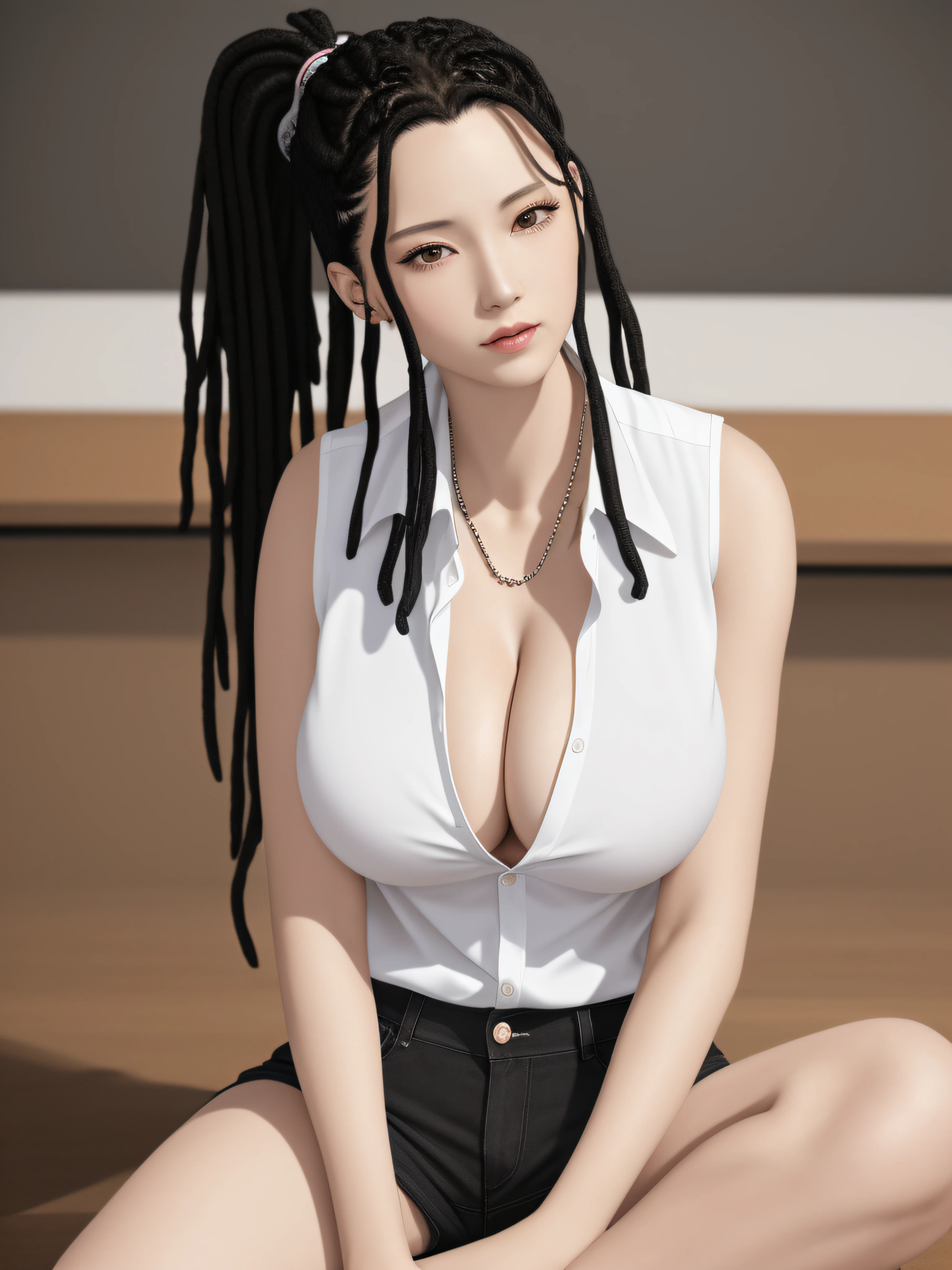 masterpiece,best quality,highres,realistic,1girl,full body,black_hair,cleavage,long_hair,hair_pulled_back,sleeveless_shirt,ponytail,white_shirt,collared_shirt,hairlocs,large breasts,sagging breasts,dreadlocks,sitting,