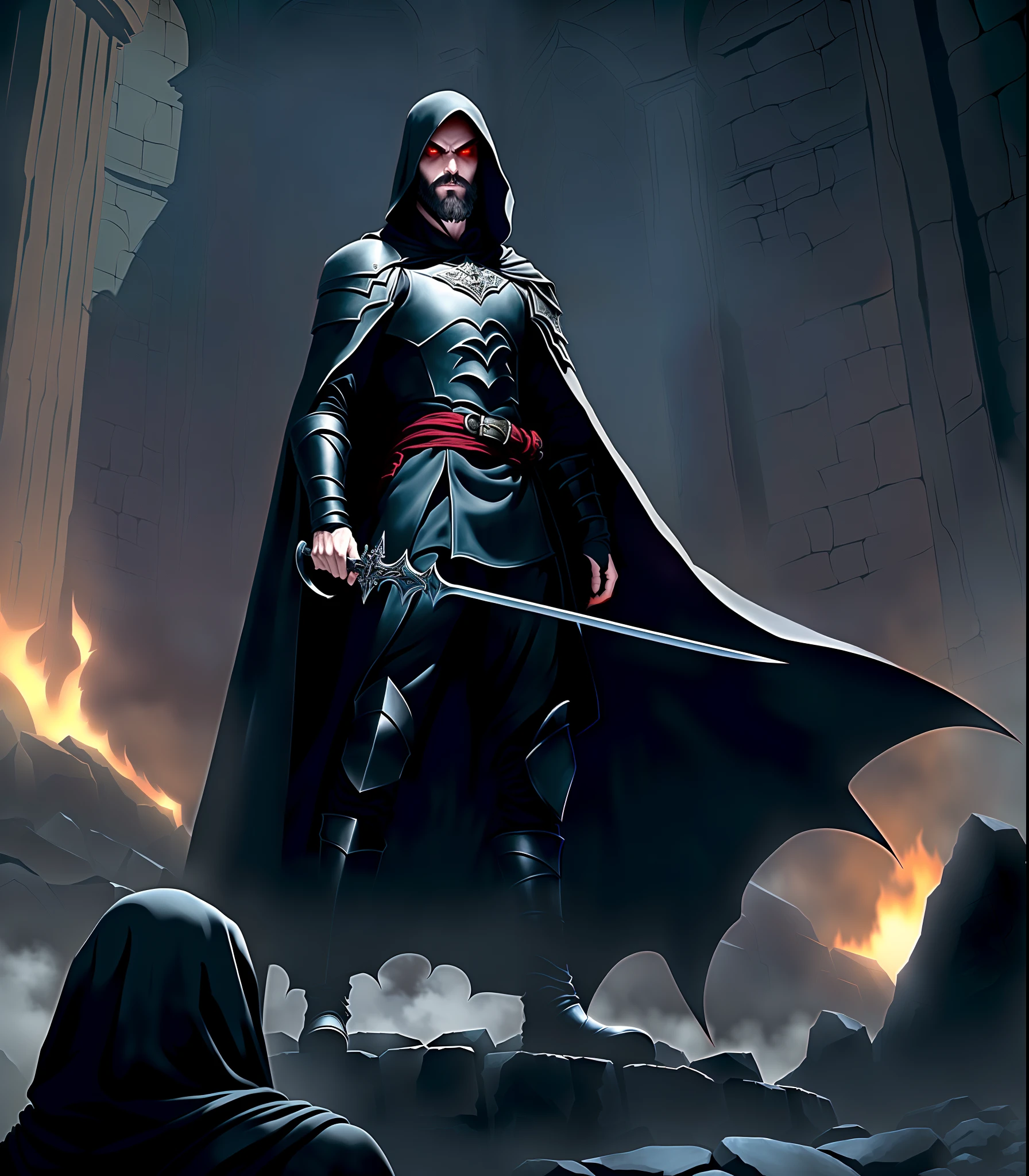 evil Vampire full red glowlight eyes big fangs beard pale skin shadow echo knight assassin, Vampire Duelist in front of a building with a sword in his hand, arte de rpg, dnd, dungeons and dragons, rogue, stealth, shadow, Standing on a stone platform, stand on a stone platform