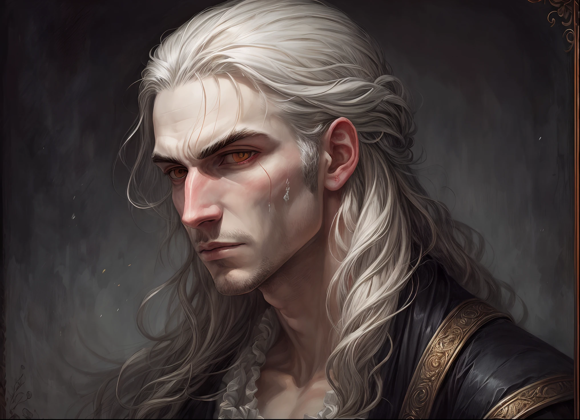 A vampire male portrait painting, baroque style, he has medium long grey hair, a pale face, no beard, masculin face and a frozen look. --auto --s2