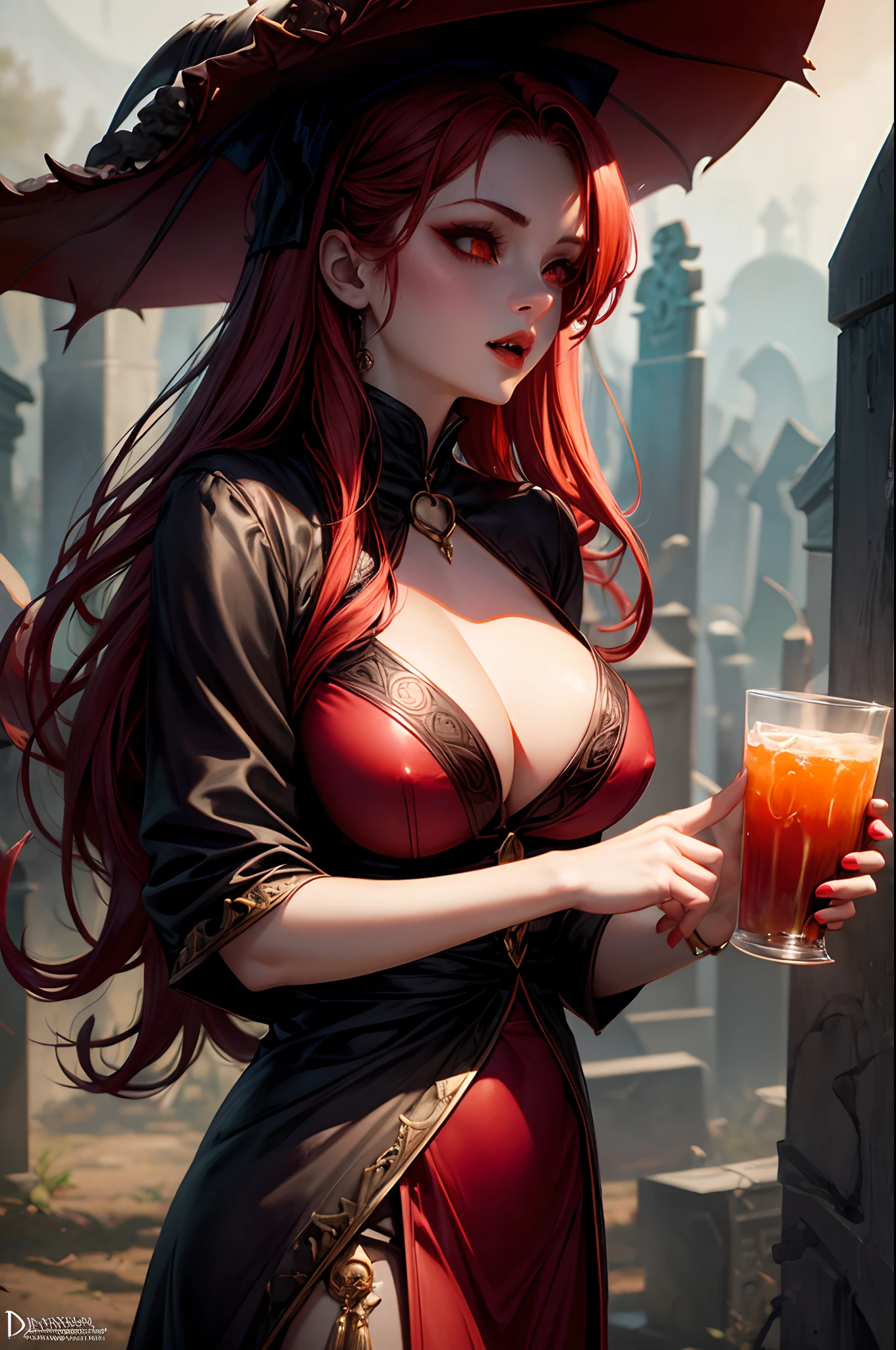 a female vampire with fang and enormous breast, dark orange-red hair, blood cup, dark fantasy, cemetery background, tom bagshaw