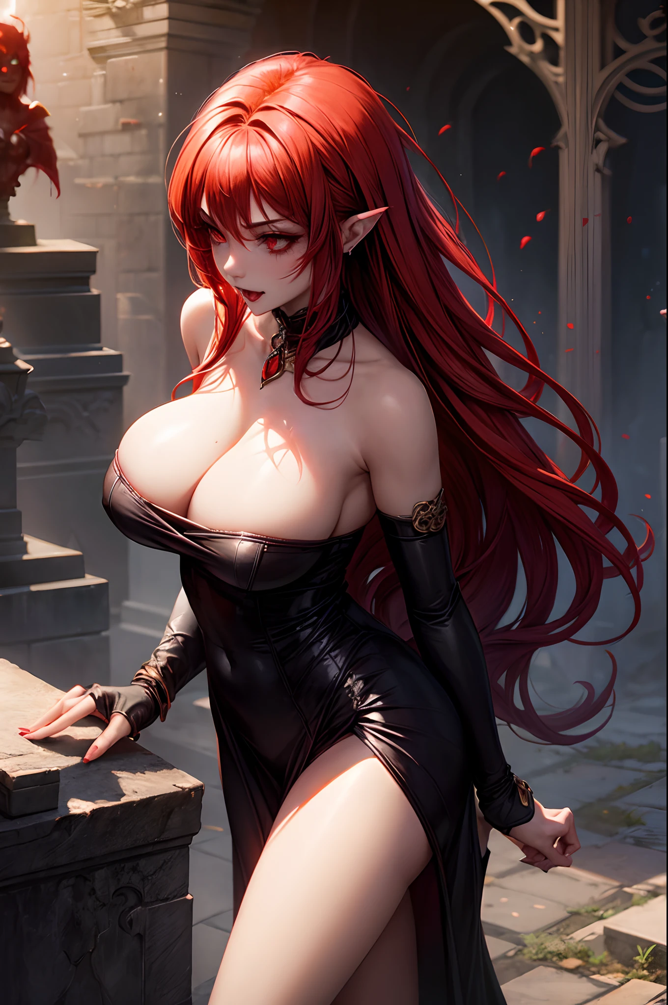 a female vampire with fang and enormous breast, dark orange-red hair, blood cup, dark fantasy, cemetery background, tom bagshaw