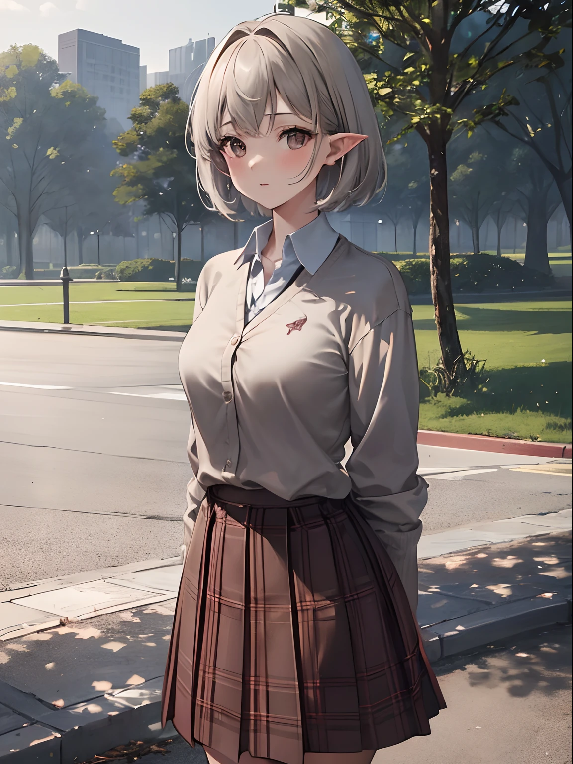 (masterpiece,best quality,ultra-detailed),1girl,short hair, pointy ears,grey shirt,light brown cardigan,red plaid skirt,in the park,((grey theme)),((dust theme))