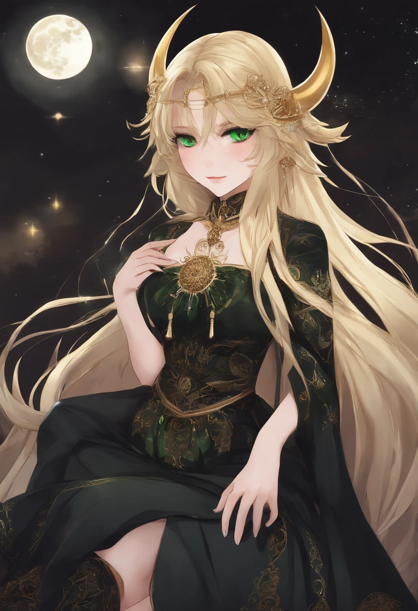 Blonde long hair girl with green eyes black anime bulls clothes with moon and sun