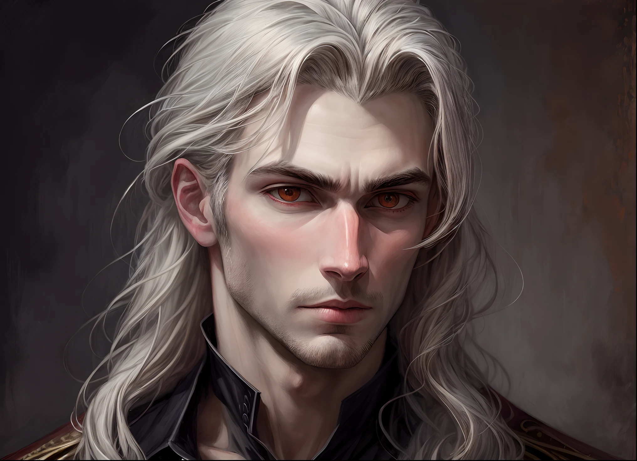 A vampire male portrait painting, baroque style, he has medium long grey hair, a pale face, no beard, masculin face and a frozen look. --auto --s2