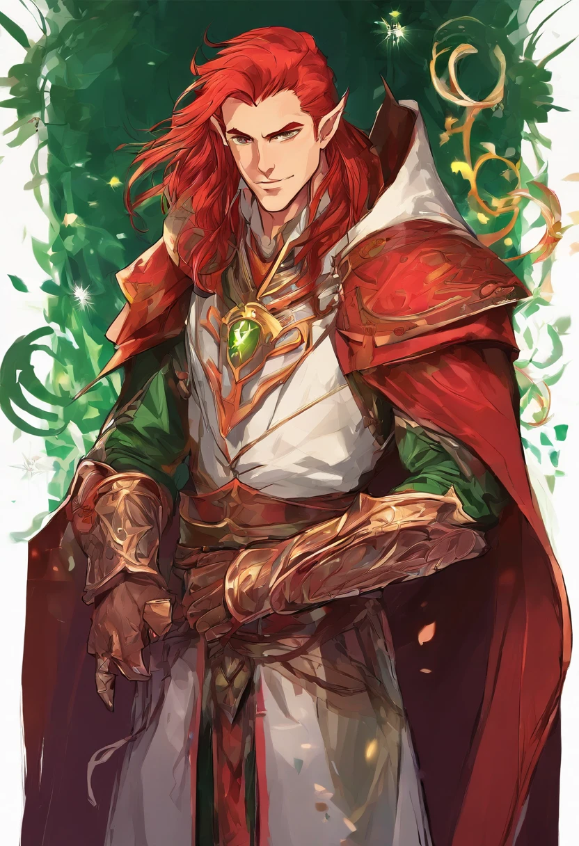 high elf male, long crimson red hair, green eyes, elven robe, light leather armor, dungeons and dragons, fantasy forest, masterpiece