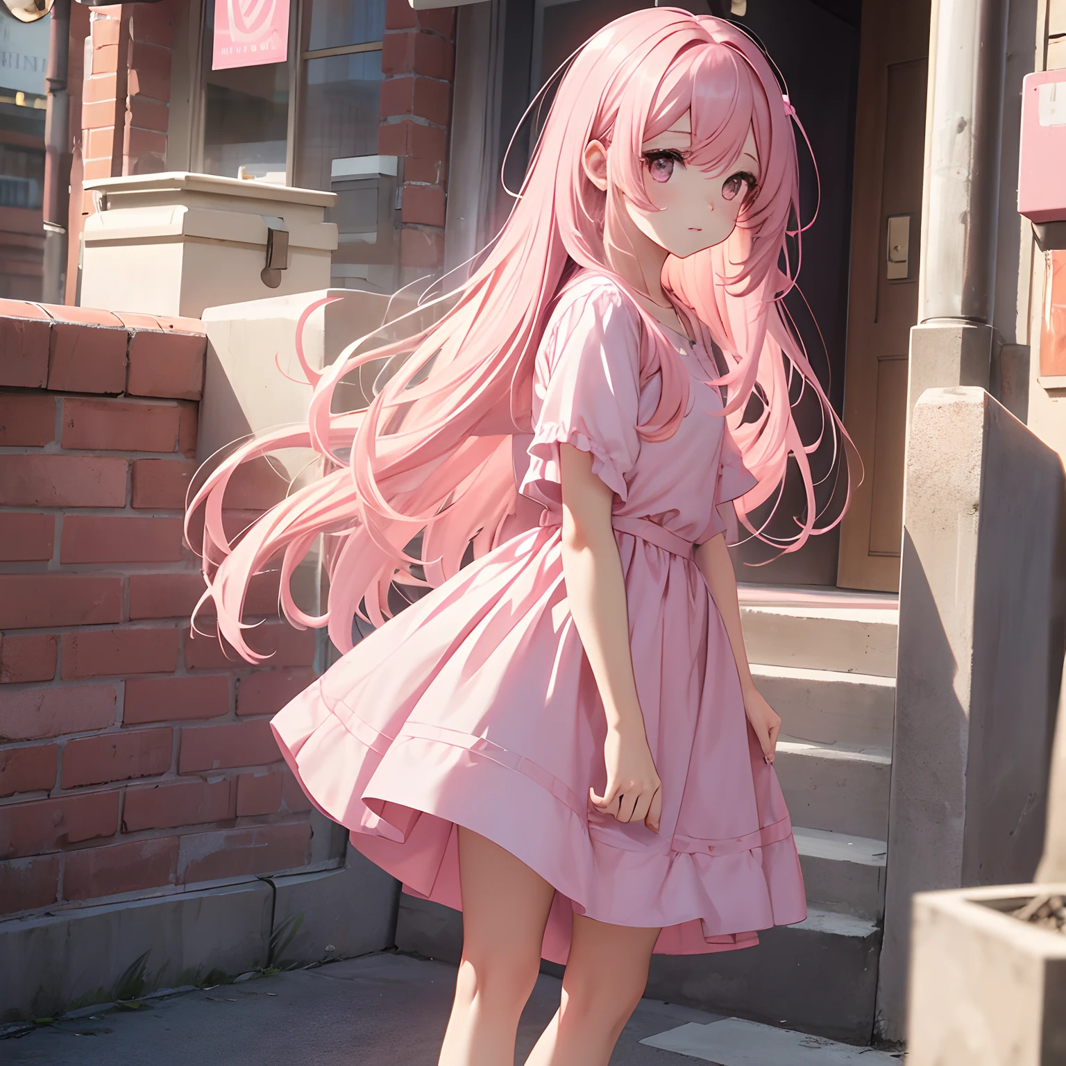 Girl, long messy pink hair, hair over eye, short pink dress, short sleeves, pink heels