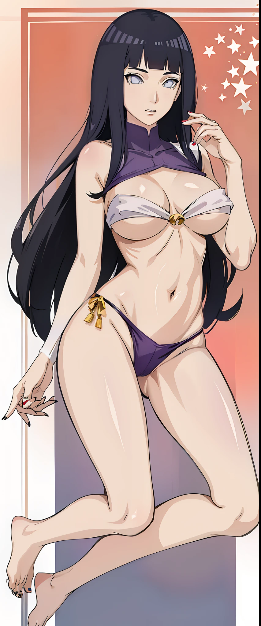 White eyes, dark purple hair, slim legs, cleavage, slim waist, narrow waist, happy, navel, slender body, agers, areola, full body, Christmas, Santa Claus
