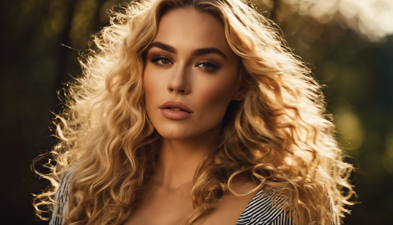 A beautiful woman wearing plunging high detail sexy striped dress, (erotic face:Florence Pugh:0.2), (skin texture:1.1), (skin pores:1.2), (high detail face), (very long curly blonde hair), masterpiece, best quality, ultra-detailed, analog style, shadows, contrast, Raw photo, by Ellen von Unwerth, Nikon D850, backlight, rimlighting (warm hue, warm tone:1.2), 4k ultra sharp realistic, big butt and boobs