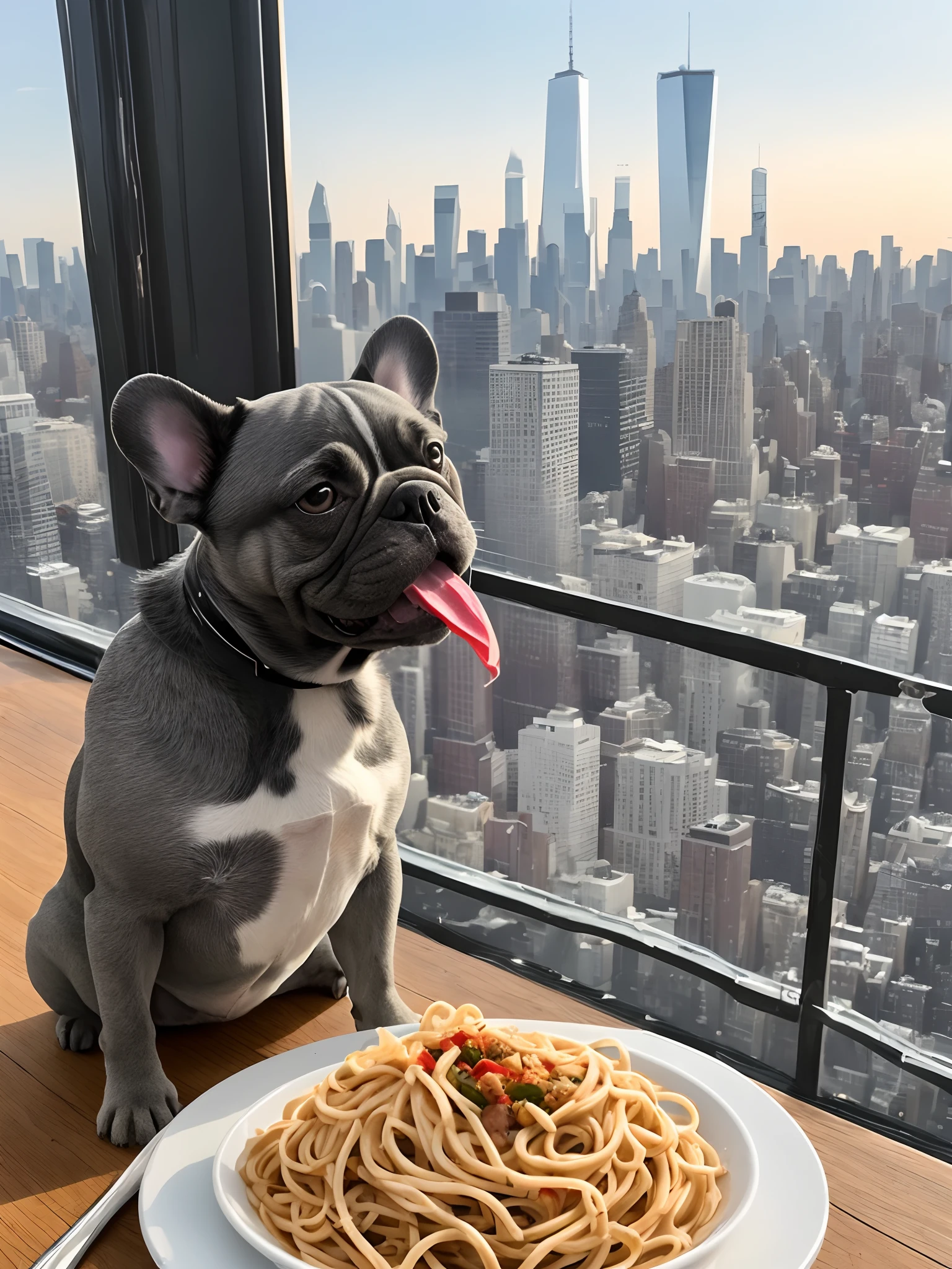 Grey French Bulldog dressed in tuxedo eating pasta with NYC skyline in the background.