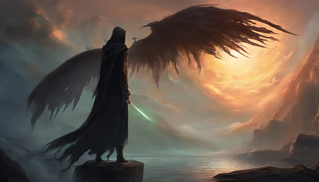 A high-fantasy horror portrayal of a dark hooded celestial being with luminous spectral wings protruding from its back that are made completely of bright light. He is surrounded by dark necrotic clouds, Fog and mist. energia eldritch.