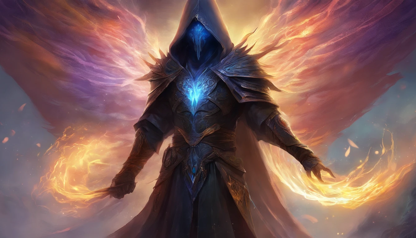 A high-fantasy horror portrayal of a dark hooded celestial being with luminous spectral wings protruding from its back that are made completely of bright light. He is surrounded by dark necrotic clouds, Fog and mist. energia eldritch.