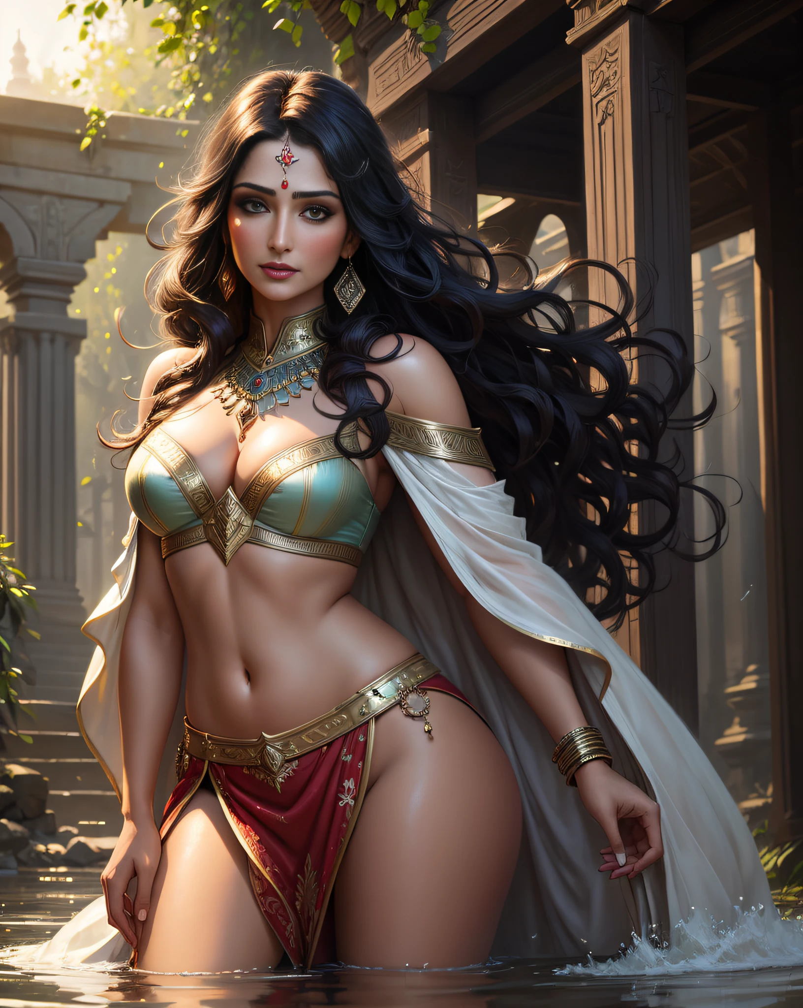 (masterpiece digital painting:1.3) of a (solo:1.3) ravishing alluring curvy indian warrior Sonali bendre , at a overgrown temple ruins, wearing ornate shimmering armour, intricate robes, cape & skirt, battle ready, navel, (flowing wavy backlit hair), cinematic dramatic scene, lustful glance, (captivating kohl lined eyes:1.3), (passionate expression:1.3) apocalyptic magical sky, dramatic lighting, depth of field, backlit, light rays, highly detailed, trending on artstation, paint splashes, rich colour, mythological portrait, by Ron hicks & greg rutkowski