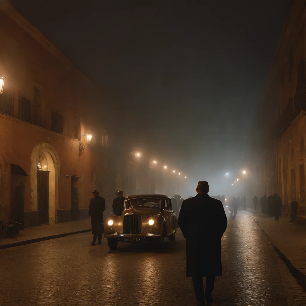 A realistic masterpiece image of a 1920 italian mafia city night, foggy, dark background, movie poster, realisitc, 8k, detailed, high detailed,
