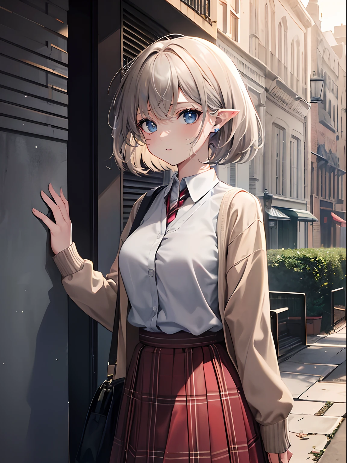 (masterpiece,best quality,ultra-detailed),1girl,short hair, pointy ears,grey shirt,light brown cardigan,red plaid skirt,in the park,((grey theme)),((dust theme))