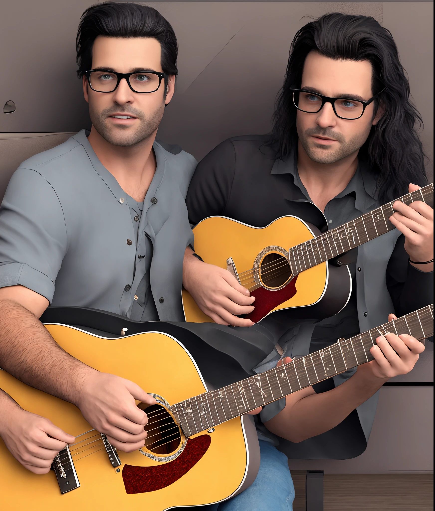 Disney pixar style cinema cover, 3d art, man with long black hair, little beard, glasses, playing red eletric guitar stratocaster at crowded show