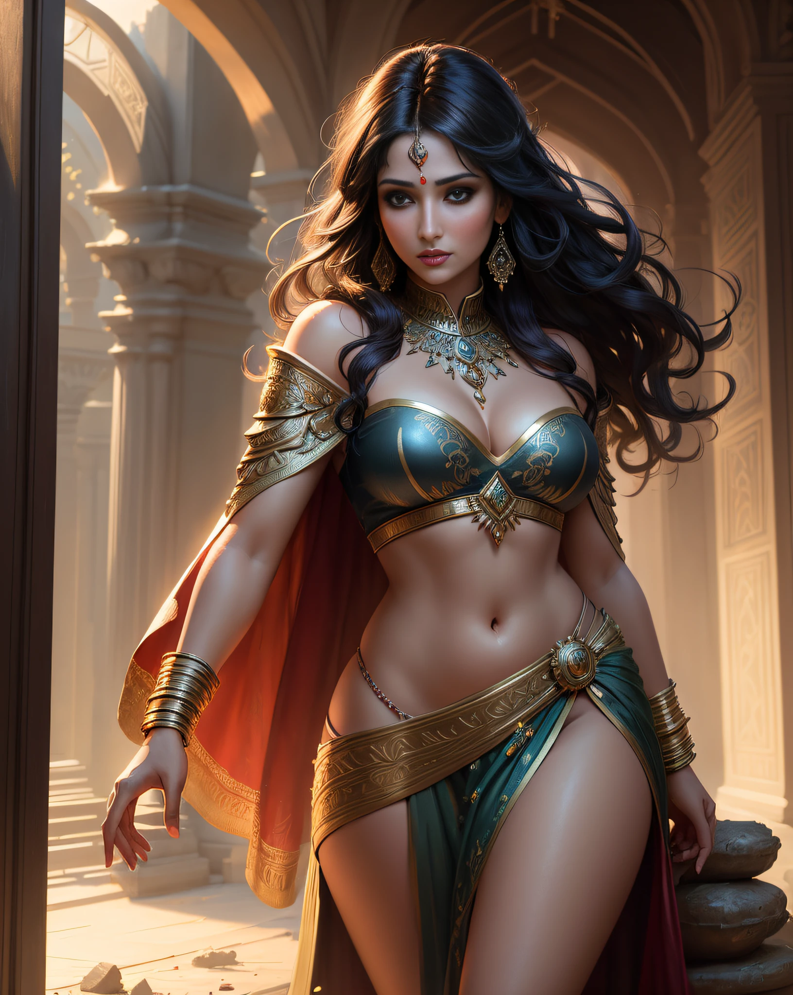 (masterpiece photorealistic digital art:1.3) of a (solo:1.3) ravishing alluring curvy plump indian warrior Sonali bendre , at a overgrown temple ruins, wearing ornate shimmering armour, intricate robes, cape & skirt, battle ready, navel, (flowing wavy backlit hair), cinematic dramatic scene, lustful glance, (captivating kohl lined eyes:1.3), (passionate expression:1.3) apocalyptic magical atmosphere, dramatic lighting, depth of field, backlit, light rays, highly detailed, trending on artstation, paint splashes, rich colour, mythological portrait, by Ron hicks & greg rutkowski