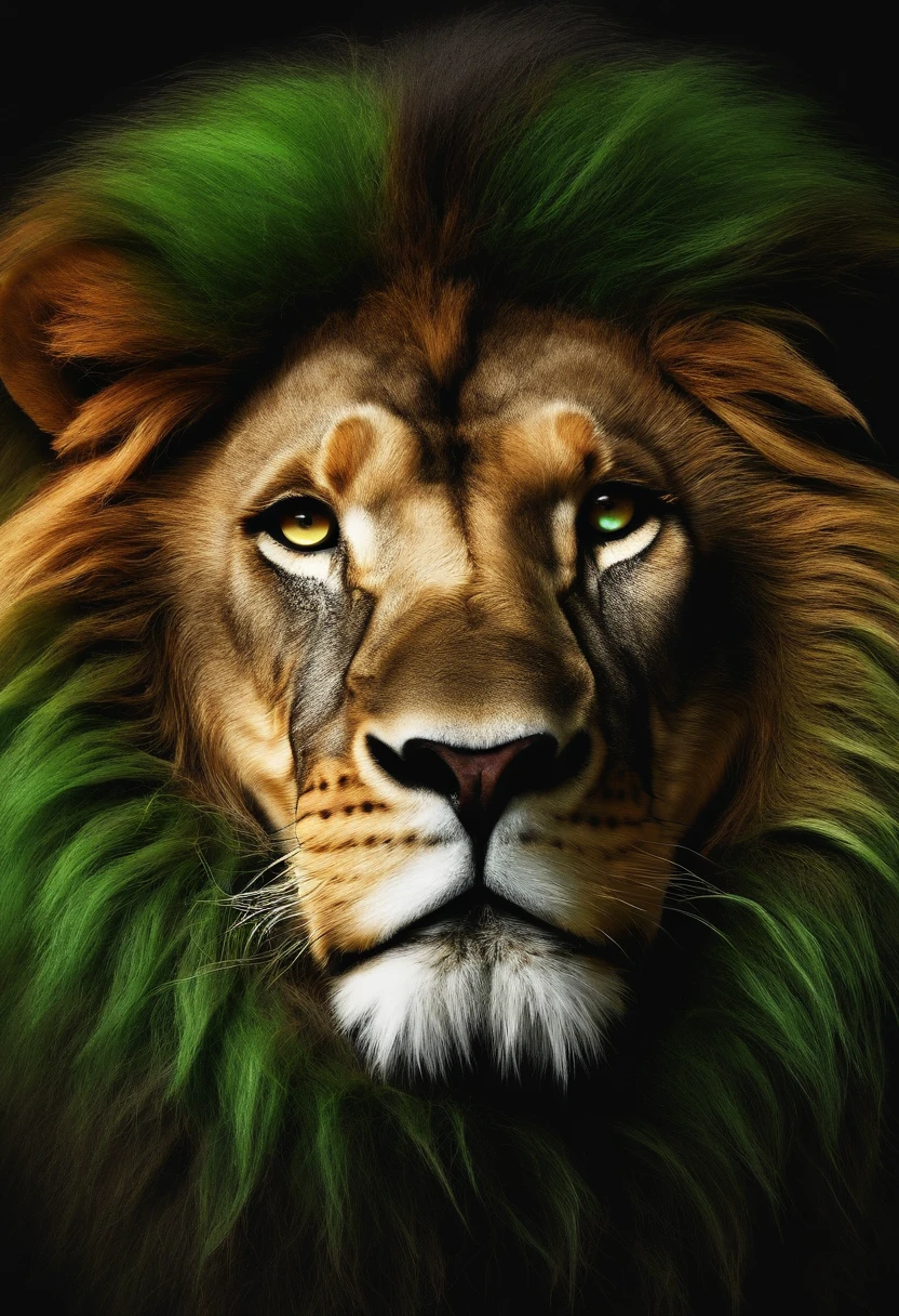 Create a lion by tinkering with the computer. Do it by wearing a dress outfit. I want shades of tech green in the background. The picture has to get futuristic.