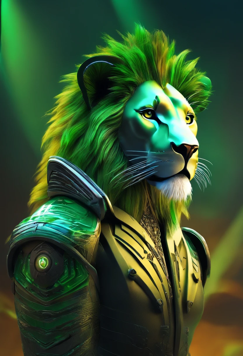 Create a lion by tinkering with the computer. Do it by wearing a dress outfit. I want shades of tech green in the background. The picture has to get futuristic.