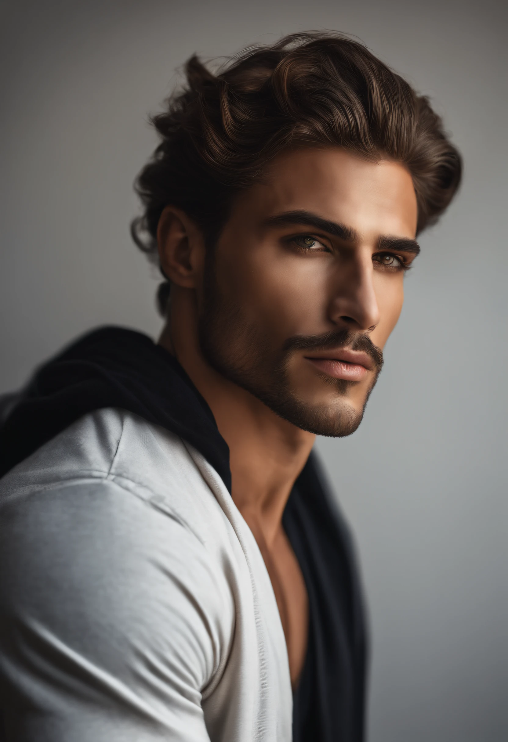 photographie, Perfection masculine, Strong Jawline, full lips, Nez aquilin, cheveux audacieux, Yeux noisette, hyper realistic, 8K --v 4