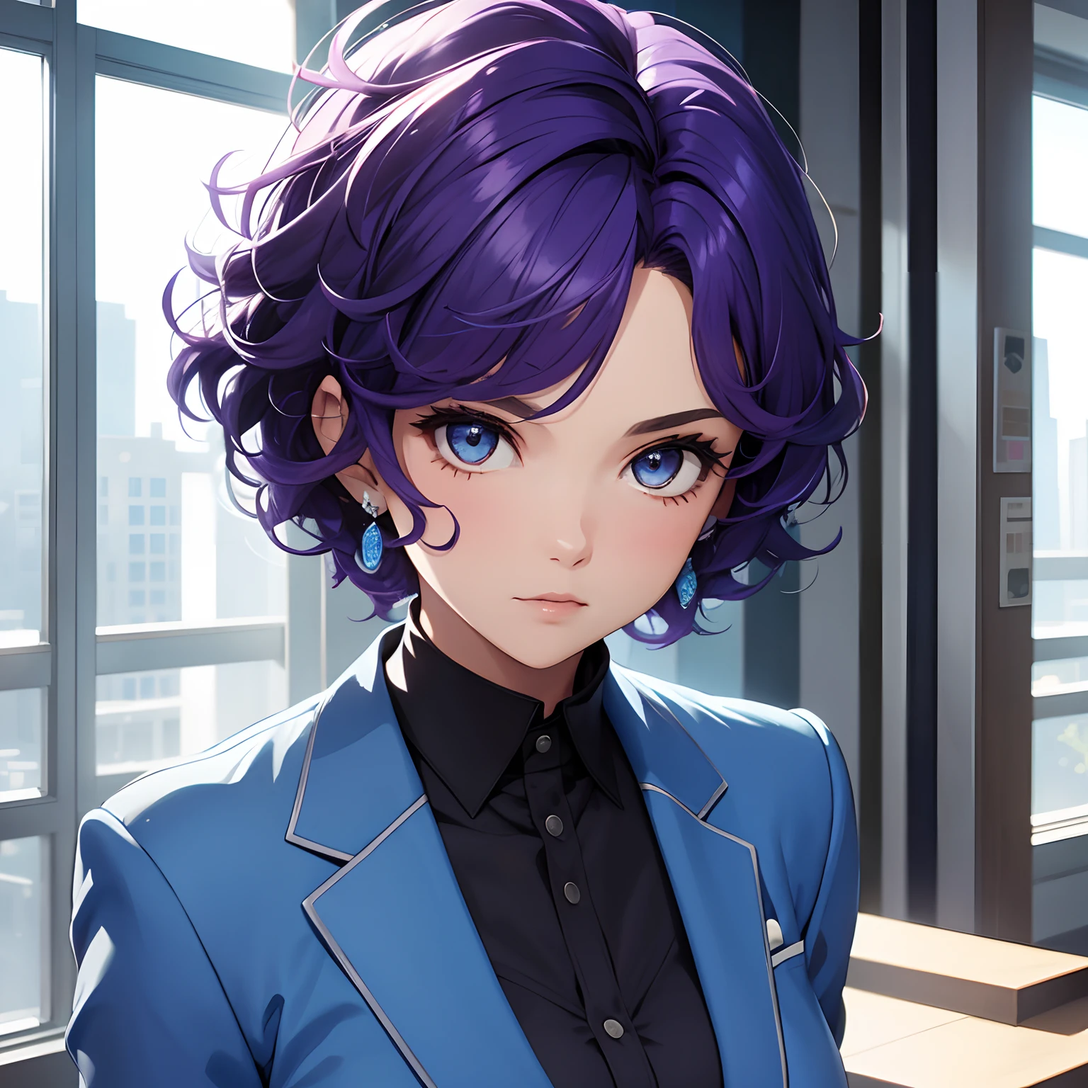 Girl, short curly purple hair, blue suit
