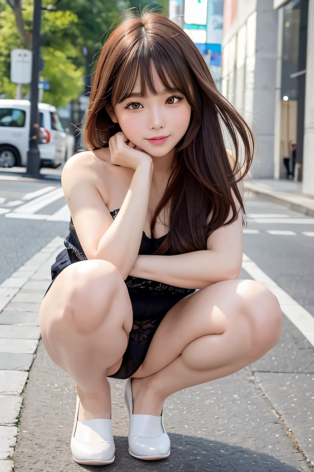 hight resolution, top-quality, Perfect dynamic composition, Beautiful detailed eyes, off shoulders、Radiant hair、Medium Hair, Natural Color Lip, college aged、Harajuku、A slight smil、Crouched figure、M-shaped legs、Panties look、