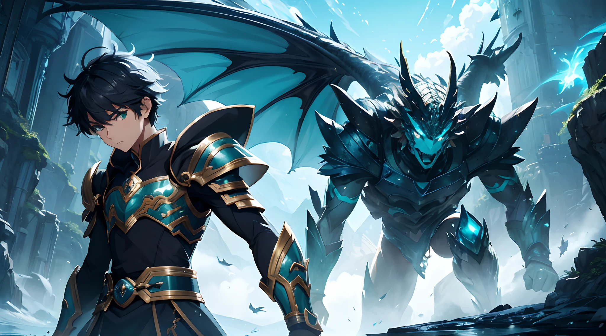 1 boy wear a Anemo Dragon Armor, Air Elemental, Cyber Castle Background, Wind Aura Body, Archon Power, Black Hair, Dark green Eye, Perfect Body, Holding Anemo Dragon Sword, Sad mood, very detailed, Fighting stance, Fantasy, Genshin Impact Style, detailed eyes, detailed face, Anime Art, Anime Style, Anime.