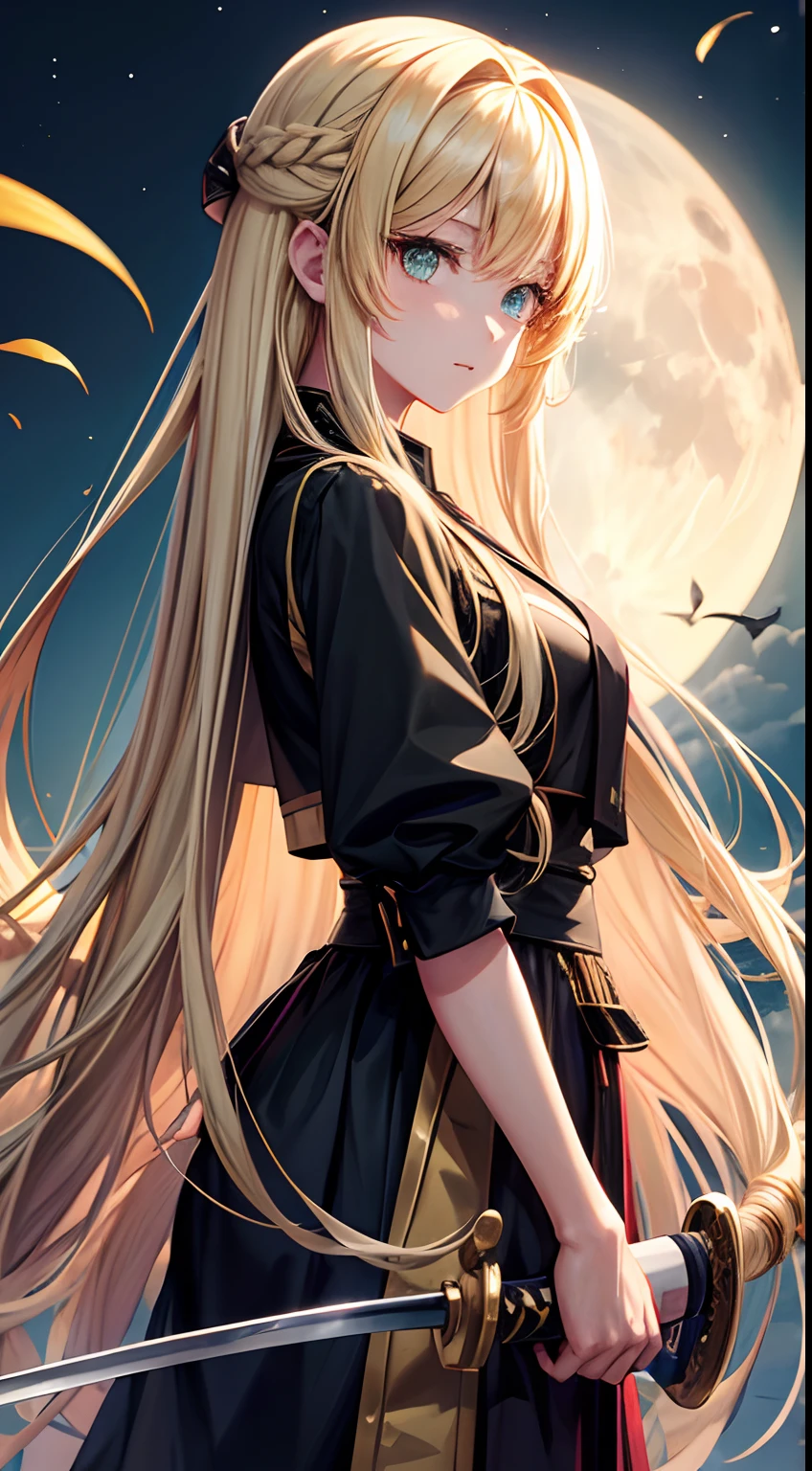 Blonde long hair girl with green eyes black anime bulls clothes with moon and sun with katana