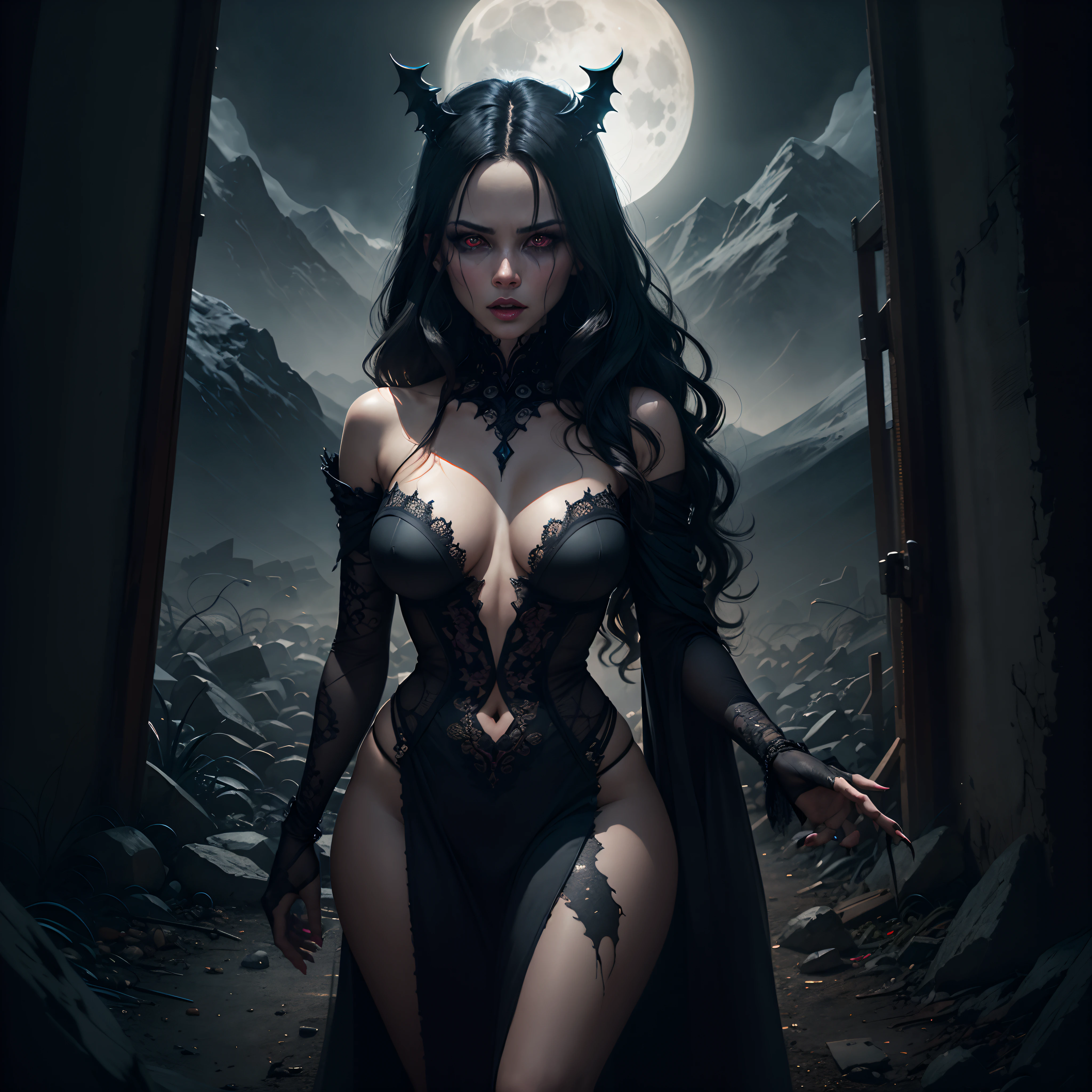 Portrait shot over the shoulder. Nighttime. Aggressive walking Seductive pose. Horror theme, female Manananggal face similar to Kate Beckinsale, Philippine horror folklore, perfect scary eyes, pitch black wavy hair, model type sexy voluptuous body, symmetry, divine ratio, French Victoria, Stephanie Pui-Mun Law, Charlie Bowater, Tom Bagshaw, Luis Royo, artstation, sharp focus, studio photo, intricate details, 8K highly detailed. Dark, low lit scary surroundings, full moon, horror. Dark ominous mountains background. Evokes feelings of classic horror movies.