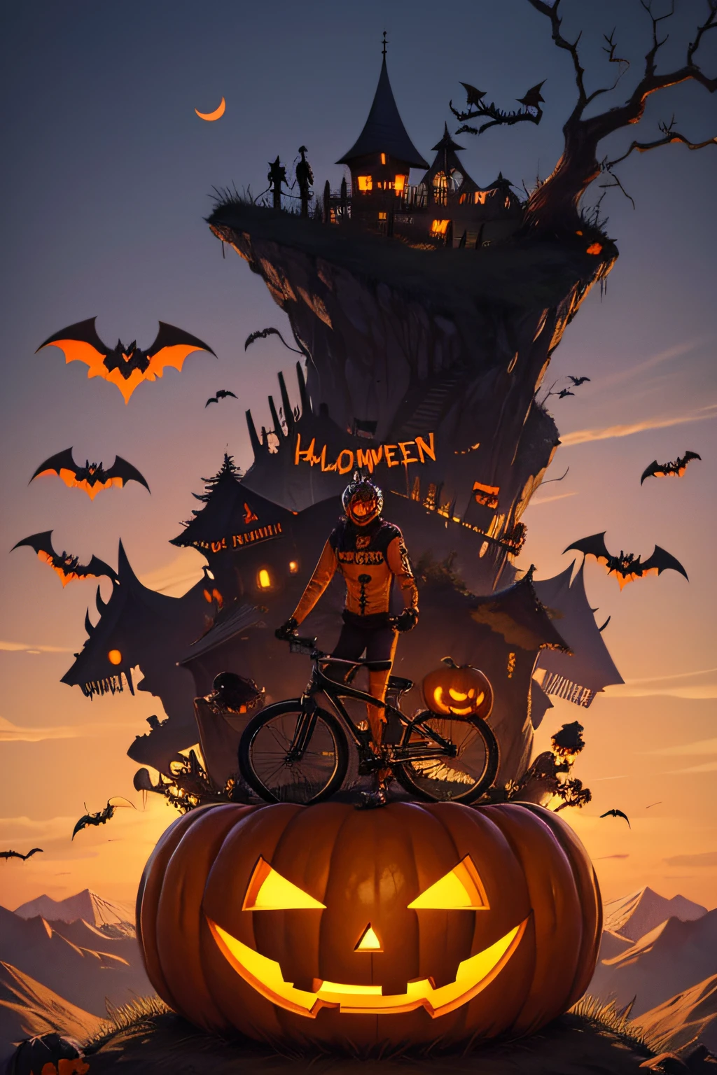 Halloween invitation with various monsters riding a mountain bike