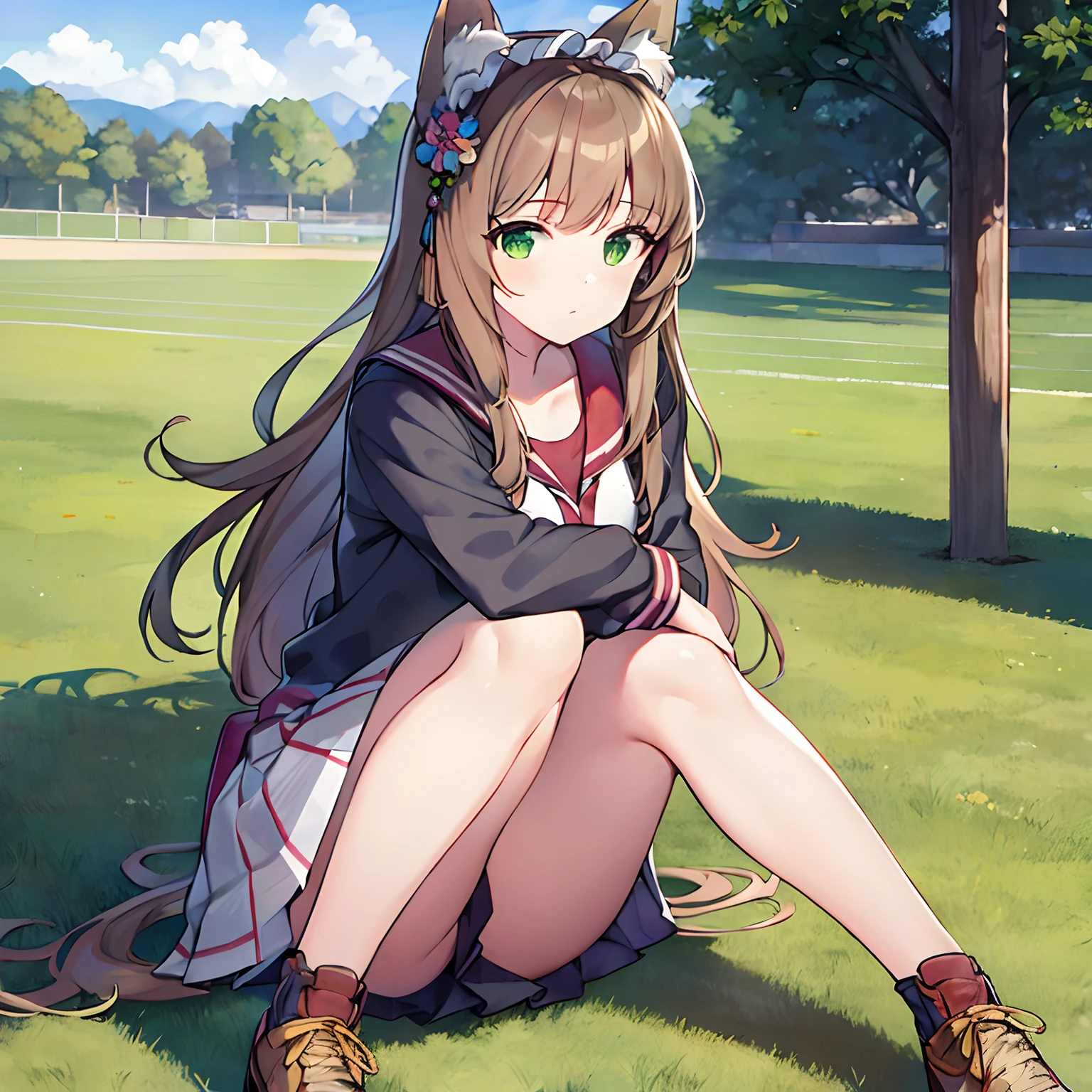 Masterpiece, Best quality, high resolution, 1girll, Solo, Oversized fox tail，Long brown hair，Green eyes，Small flower headdress, (-yeld juschool student)，playground，The girl is doing a pre-workout warm-up_Sit on the ground and stretch your feet，Dressed in an old-fashioned Japanese schoolgirl tracksuit，