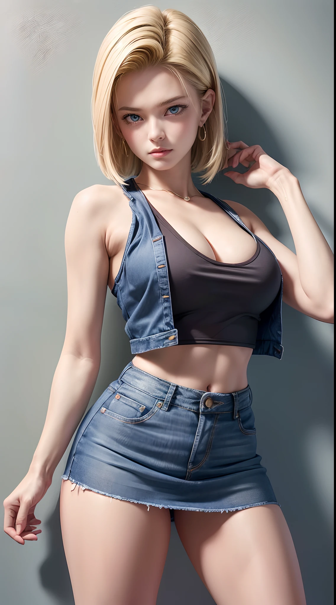 imagem hiper detalhada, UHD, 16k, foto profissional, (Foto realista do Android-18 de Dragon Ball Z) menina deusa da beleza, encantador, cabelos loiros curtos muito lisos, um fio de cabelo entre os olhos, serious facial expression, (( Ela usa uma jaqueta jeans azul e uma camisa cropped branca, Short White Underground Showing Her Brisket Meat)), Open erotic denim jacket showing off your stunning, Seios grandes lindos e perfeitos, ((natural sagging breasts, seios, seios longos ultragigantes saindo da jaqueta)) seios cheios, corpo grande, alto, Visible thin abdominals, curvo, body curvy, pert bunda, ela usa um cinto e um (((Raised blue denim skirt she doesn't wear panties, Perfect on display, pelos pubianos em shows, lifting her skirt with her hand))), pernas grossas abertas, sorrindo mostrando fio dental preso em seu molhado , Flexible Body, Botas marrons, perfect hands and fingers, ambiente escuro, Fundo Cyberpunk,
(android-18 estilo cyberpunk), Arte Oficial, Android-18 mulher sexy, arte oficial do personagem, protagonista feminina sexy, curvo, Corpo magro e tonificado, pernas abertas, exposto, micro fio dental recheado nela :8, Akiri Toriyama, Diretor: Akira Toriyama, Bulma de Dragon Ball, Melhor Design de Personagens de Anime, Akira Toriyama's stroke style, Cute single character, semi-, (great lighting) (, , pubic hair), (calcinha molhada)