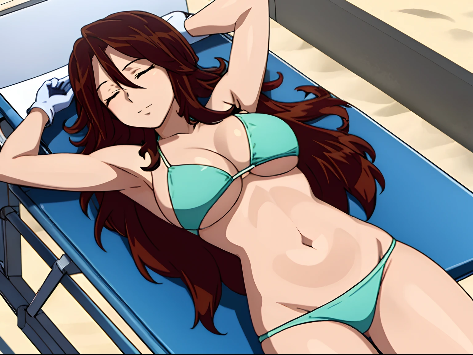 Elegant lady, \ anime style: 1.8, anime drawing, ultra detailed face, ultra detailed body, 4k, Sumergai Lee Noriega, ((sleeping down on stretcher, lying down on stretcher), closed eyes), best quality, anime style, hires, highest definition, digital blending, bold drawing lines, (location: beach, sunbathing), ( slim body, (little biceps), , off-shoulders, closed fists, (curvy: 2.8)), ((bikini , white gloves, armpit protector, (chaps))), victorious, winner, gentle, (pale skin, shiny skin, very big breasts, smile), (big eyes, brown eyes), (brown hair, loose hair), 27 years old,