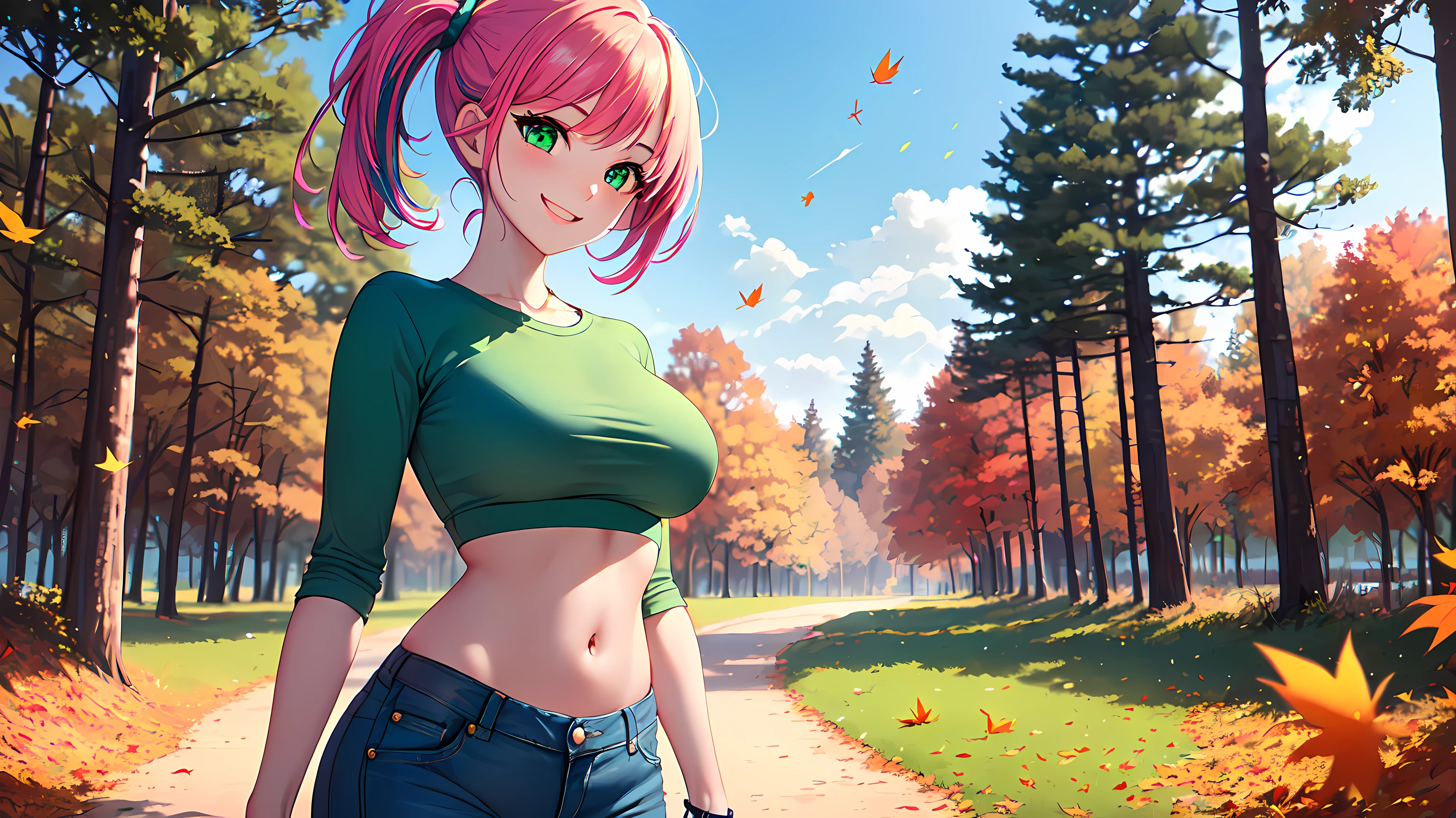 best quality, ultra high res, ​masterpiece, 1girl ((20year old, dressed in crop top exposes navel, tight blue jeans, sneakers, medium breasts, multicolor pink hair, twin ponytails, perfect model body, green eyes:1.4, flirting, happy, big smile, looking at viewer, standing in a park during the autumn season:1.3, tall trees and falling leaves in background:1.2)) ((solo:1.6))