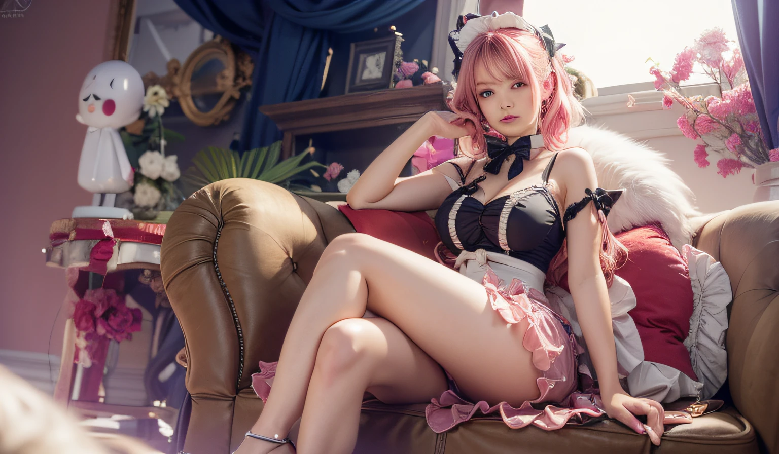 girl, cute, mature, wide charming eyes, sadistic evil smile, pink hair, sexy pose, white glove, ghost doll background, black bow tie, sitting on couch, ((female, big boobs)), ((female, big butts)), maid costume, gothic, sensual, ultra high res.photorealistic:.1.4,UHD