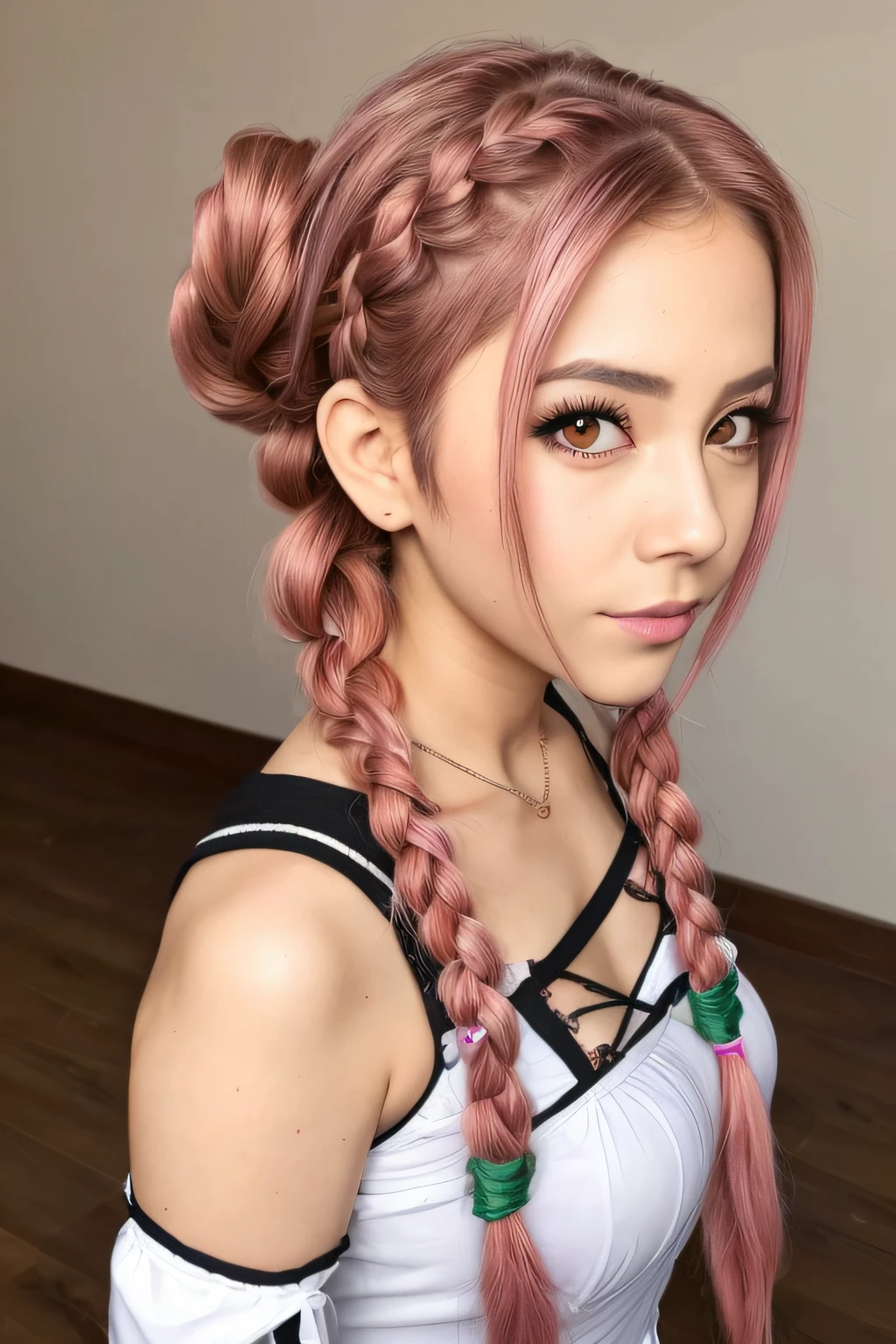 Mitsuri Kanroji, Demon Slayer, falda corta, escote, hermosa, obra maestra, perfecta, ojos hermosos, cabello rosa, pink hair, trenzas, two braids on the sides, dos trenzas