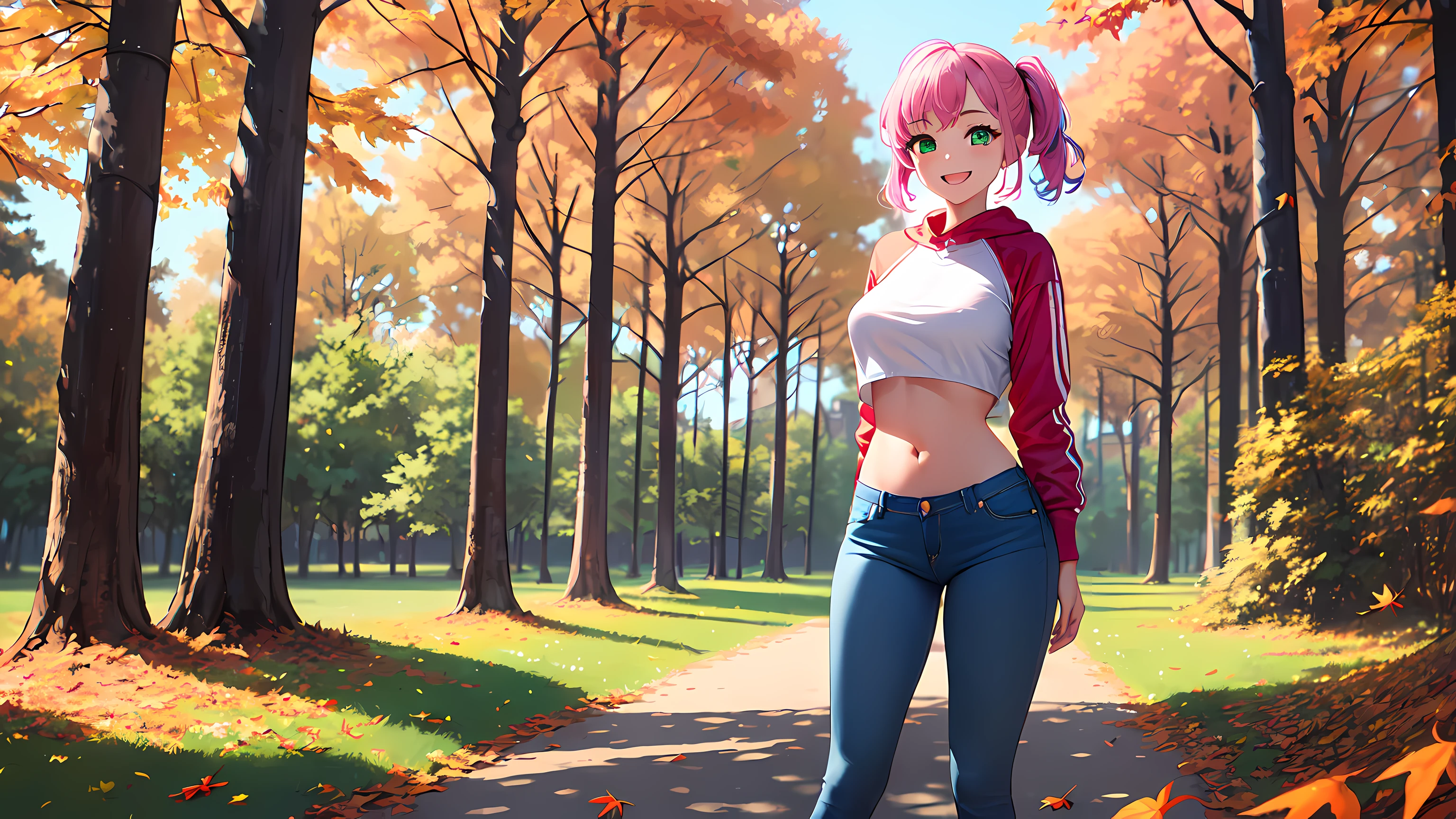 best quality, ultra high res, masterpiece, 1girl ((20year old, dressed in crop top exposes navel, tight blue jeans, sneakers, medium breasts, multicolor pink hair, twin ponytails, perfect model body, green eyes:1.4, flirting, happy, big smile, looking at viewer, standing in a park during the autumn season:1.3, tall trees and falling leaves in background:1.2)) ((solo:1.6))