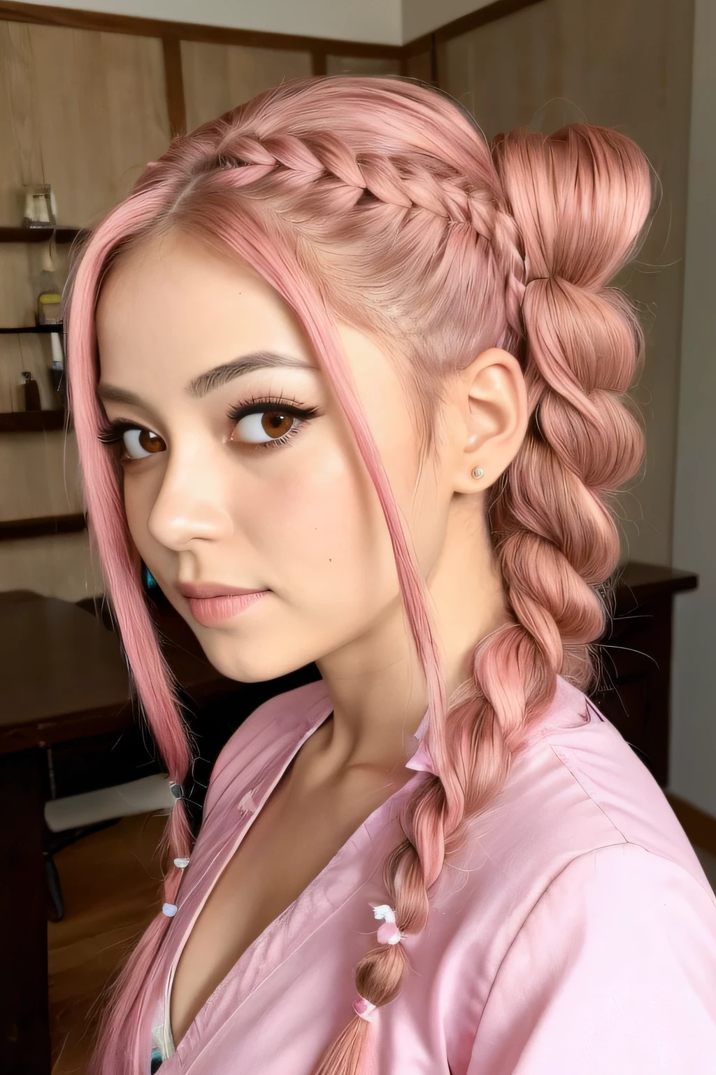 Mitsuri Kanroji, Demon Slayer, falda corta, escote, hermosa, obra maestra, perfecta, ojos hermosos, cabello rosa, pink hair, trenzas, two braids on the sides, dos trenzas