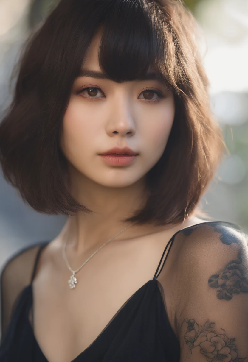 medium bob hair, Japanese Cute lady, age 20, Heart shape tattoo below left eye