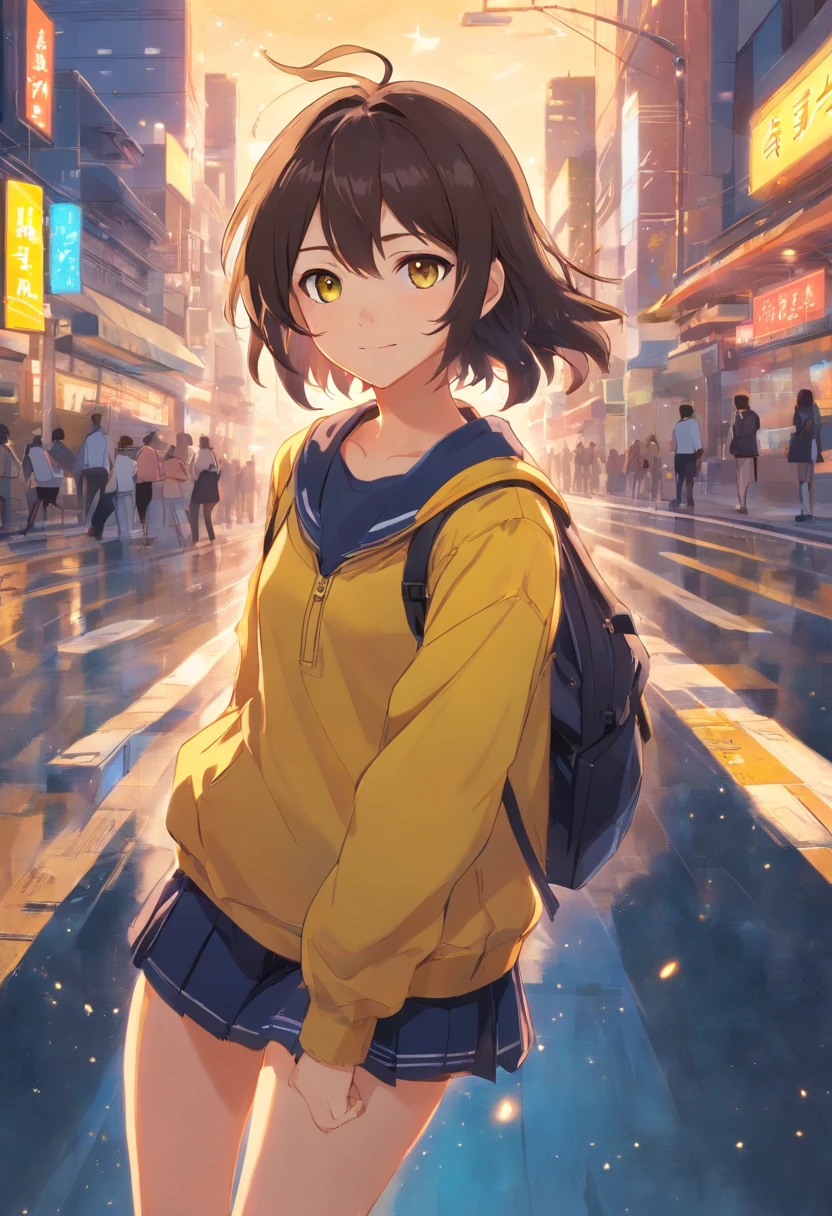 personagem de anime; olhos vermelhos; cabelo: loiro, curto, com um adorno redondo preto com borda dourada e uma estrela dourada de cinco pontas no centro; blusa de frio escura com estampa do smile em amarelo vibrante e capuz tambem amarelo; saia preta e meia causa preta com sapatilha escolar