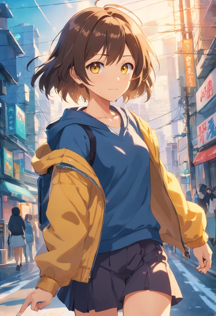personagem de anime; olhos vermelhos; cabelo: loiro, curto, com um adorno redondo preto com borda dourada e uma estrela dourada de cinco pontas no centro; blusa de frio escura com estampa do smile em amarelo vibrante e capuz tambem amarelo; saia preta e meia causa preta com sapatilha escolar