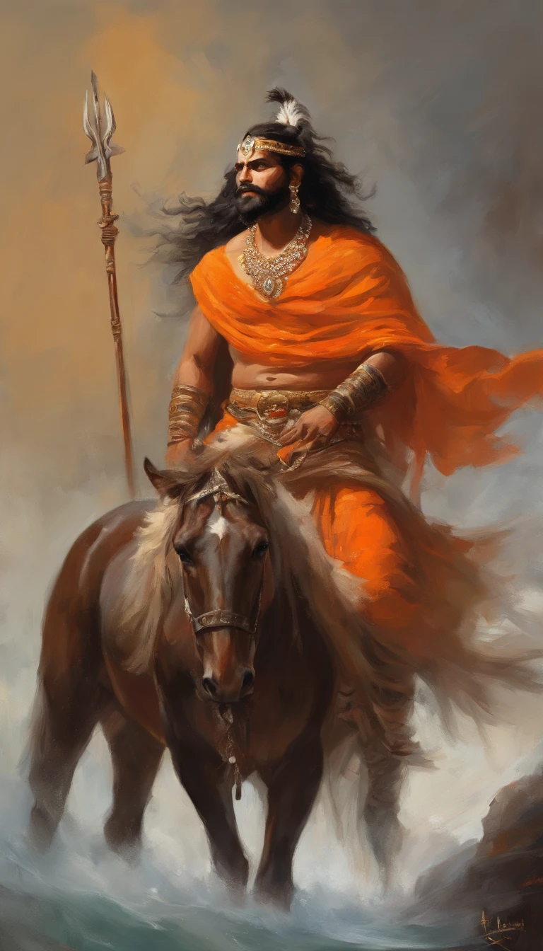 lord rama, male in an orange outfit with a bow, highly detailed character, , epic lord warrior, norse ancient epic hero, muscular long haired with rudraksh mala, on horse back, modelshoot style, (extremely detailed CG 8k wallpaper), body photo of the most beautiful artwork in the world, hair flying in air, body portrait, prince rama the prince of ayudhya, hunter, , macho man, majestic professional oil painting by Ed Blinkey, Atey Ghailan, Studio Ghibli, by Jeremy Mann, Greg Manchess, Antonio Moro, trend at ArtStation, trend at CGSociety, Intricate, High Detail, Sharp Focus, Dramatic and Photorealistic Painting Art by Midjourney and Greg Rutkowski